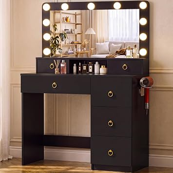 COMHOMA Makeup Vanity Desk with Mirror and Lights, Vanity Table with Divided Drawer and Storage Cabinet, 32In Full Size Mirror& Adjustable 3 Color Modes, Open Storage Shelf, Black and Gold