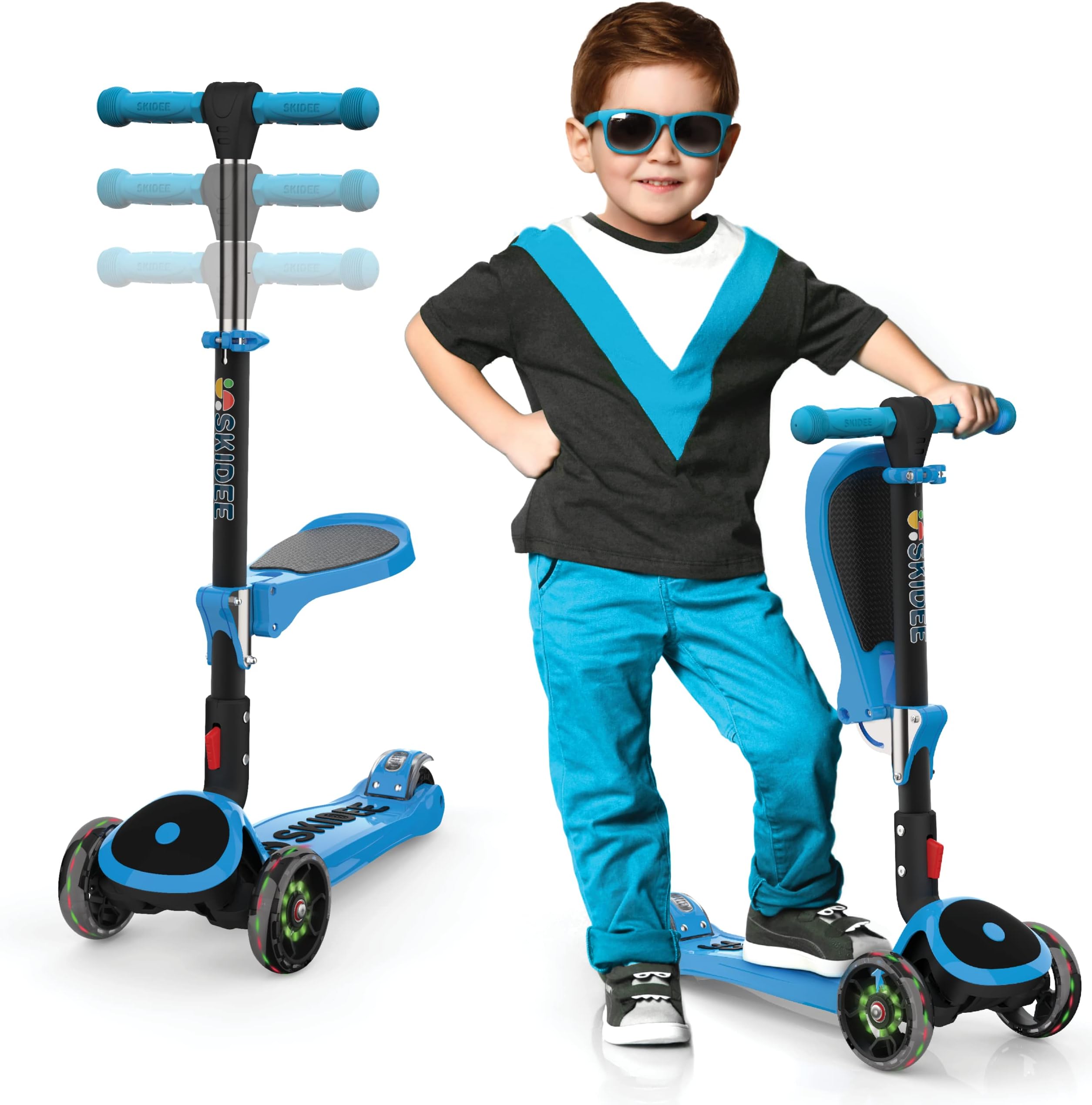 SKIDEE Kick Scooter for Kids Ages 3-5 | Foldable 3 Wheel Scooter with Lean-to-Steer, Adjustable Height, Removable Seat & LED Light Wheels | Toddler Scooter Up to 12 Year Old Boys/Girls
