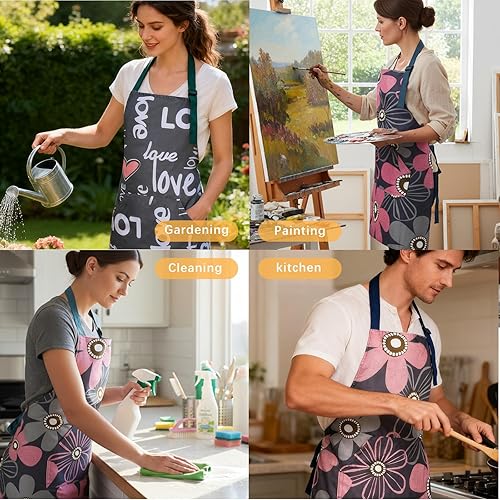 Miniatura 6 de 2 delantales para mujer con bolsillos, delantal de cocina ajustable impermeable, delantal de cocina, para hornear, jardín, manualidades, unisex