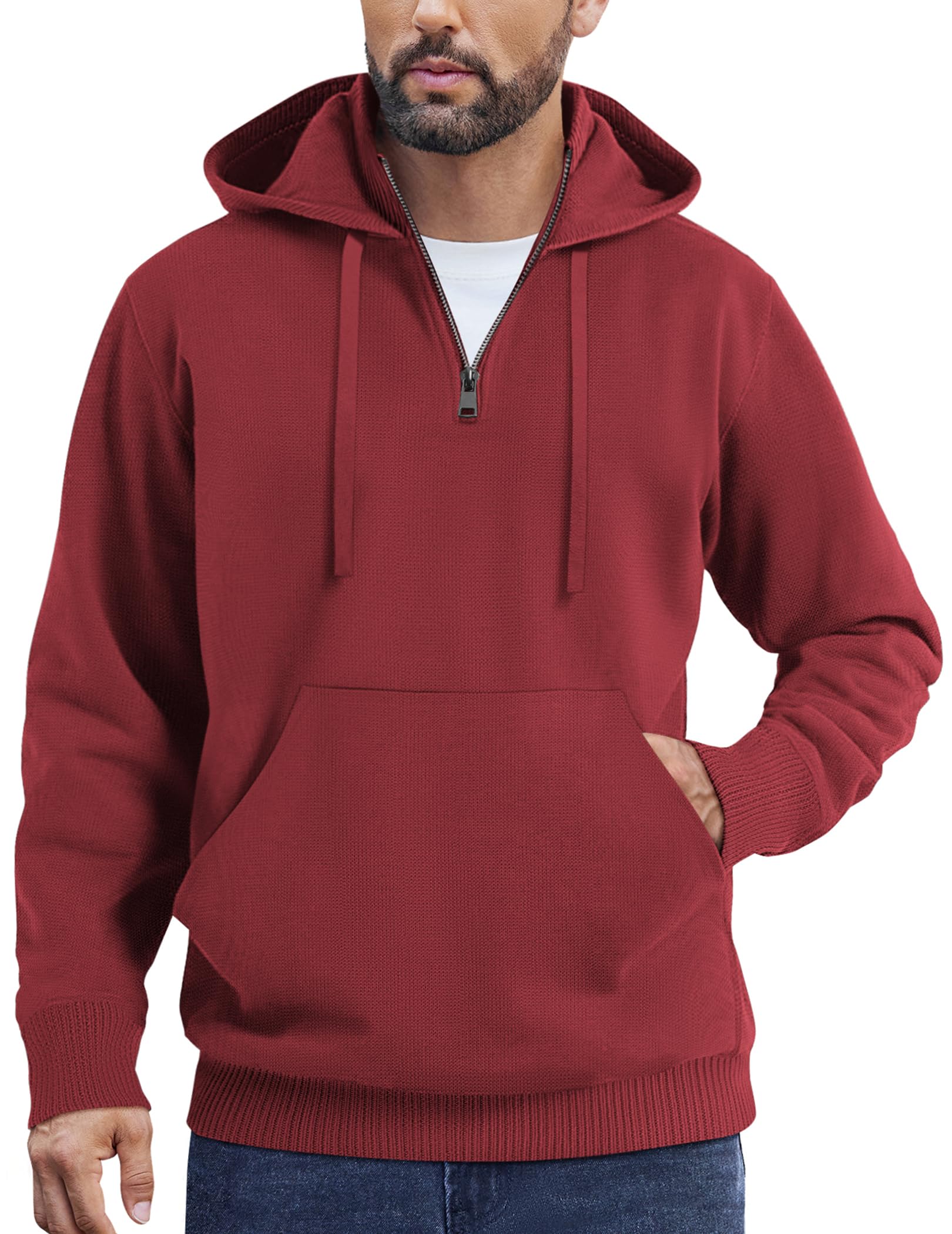 COOFANDY Mens Knitted Hoodie Sweater Long Sleeve Turtleneck Quarter Zip Pullover Sweaters with Pocket