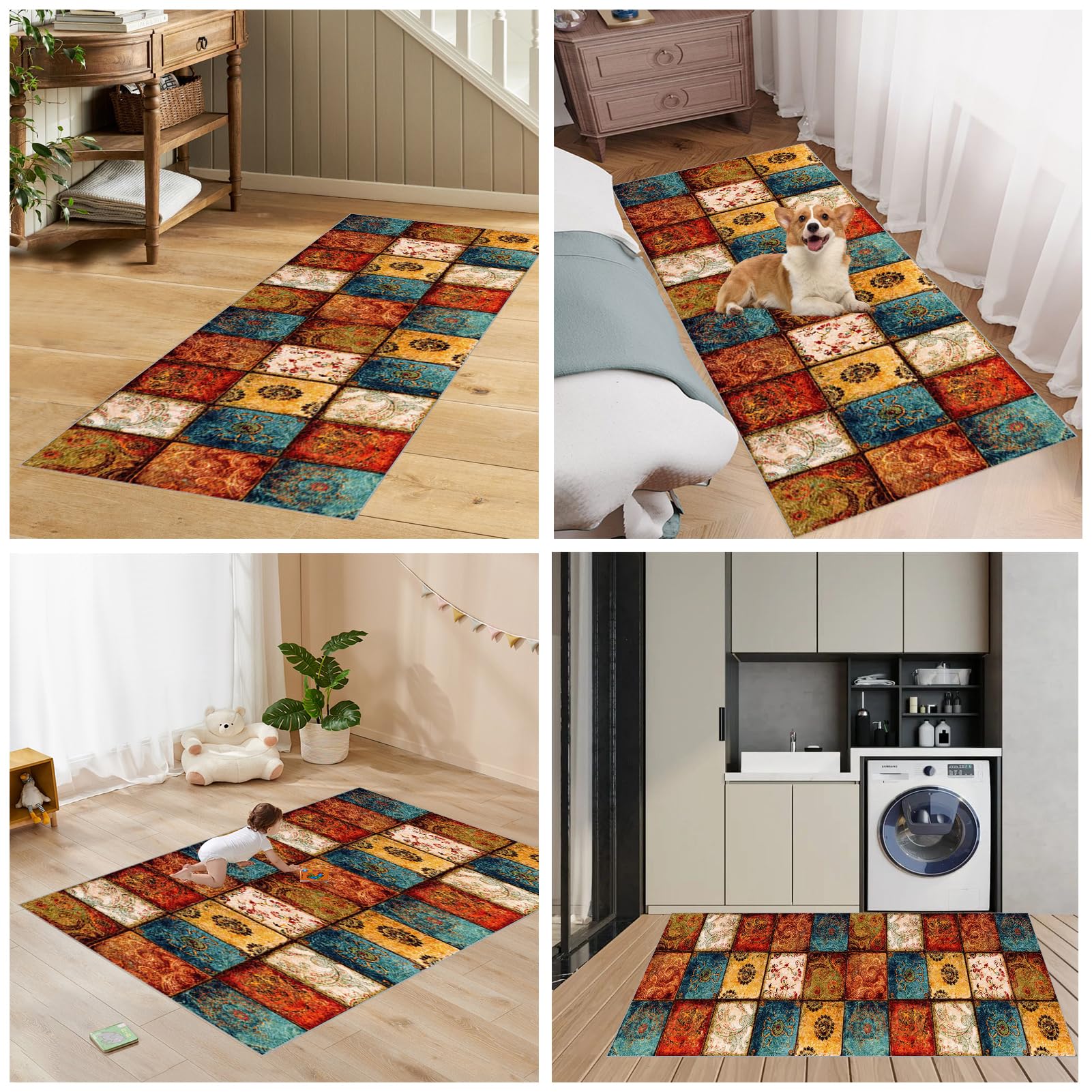 Teppich Läufer 70 x 240 cm Rutschfest Küchenteppich Teppichläufer Flur Vintage Küchenteppich Waschbar Rutschfest Fußmatte Lang Flur Teppich Meterware für Garten Küche Patio Flur Porch auf Maß