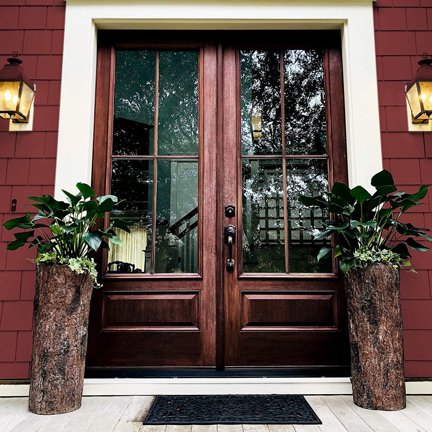 Country Front Door Tall Log Planters Set (2) Extra Large Heavy Cabin, Farmhouse & Lake House Entrance Pots. Rustic Porch & Patio Plant Decor.