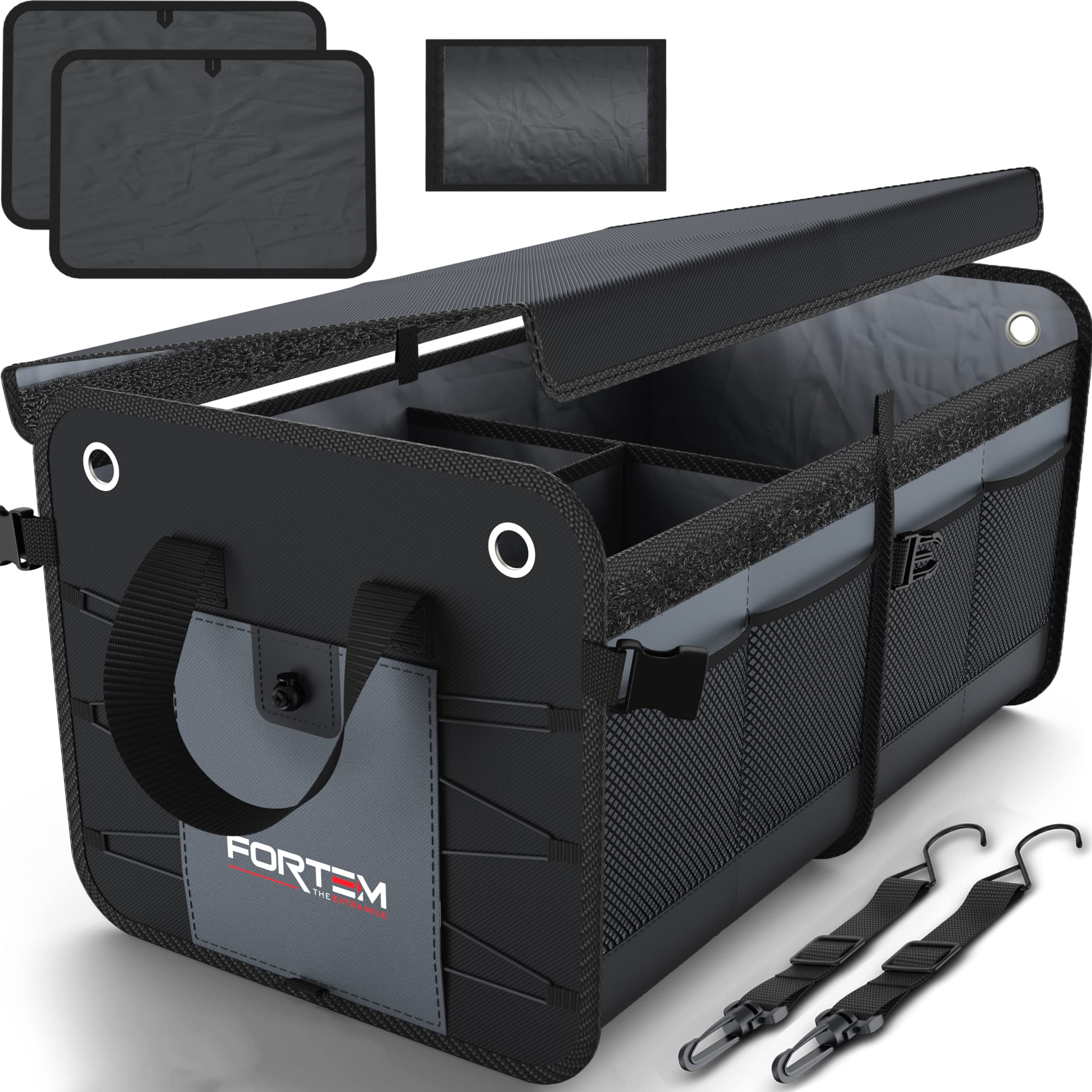 FORTEM Car Trunk Organizer, SUV Trunk Organizer, Car Storage Organizer, Collapsible Multi Compartment Car Organizer, Non Slip Bottom, Adjustable Securing Straps, Foldable Cover (2 Compartments,Grey)