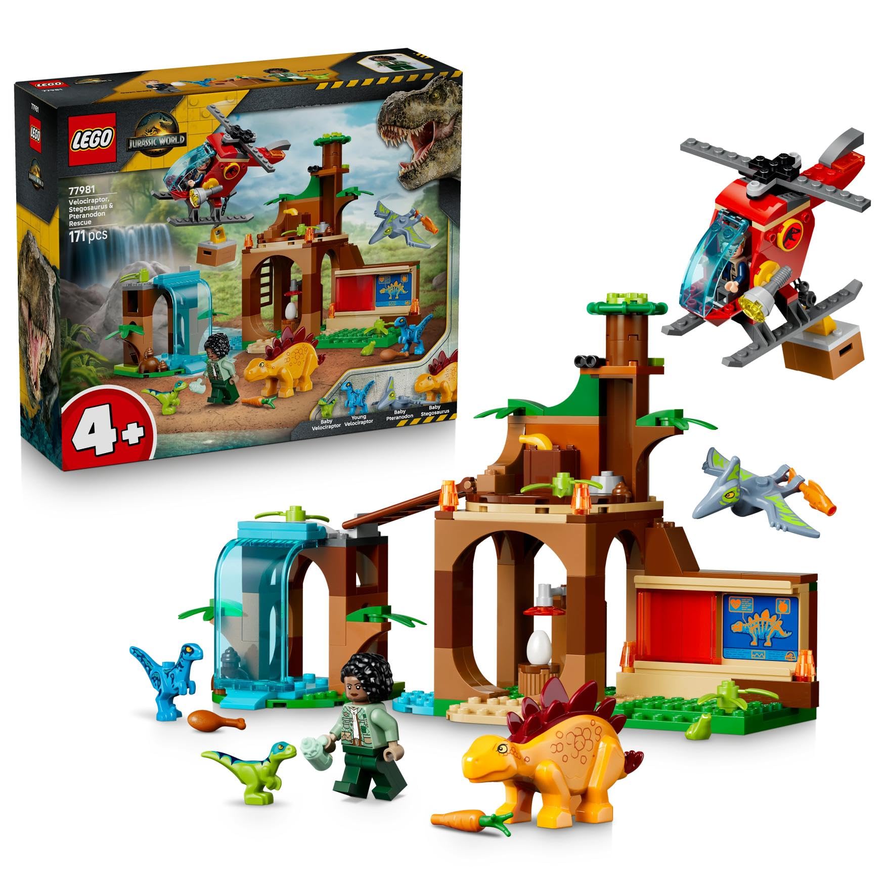 LEGO Jurassic World Velociraptor, Stegosaurus & Pteranodon Rescue Toy - 4 Dinosaur Figures, Helicopter & 2 Minifigures - Dino Birthday Gift for 4+ Year Old Boys & Girls - 77981