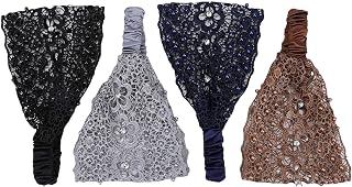 4Pcs Vintage Lace Wide Headbands, Wide Lace Elastic Headbands for Women, Suitable for Daily Wear and Holiday Daily Wear (Black Coffee Dark Blue Gray)