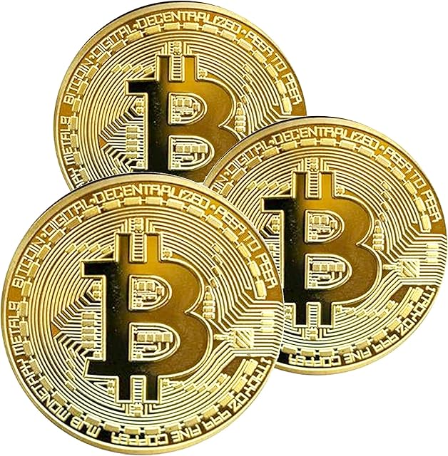 Krisler 3 Pieces Physical Bitcoin Medal with 24 Carat Real Gold Plated Virtual Currency Coin Collectibles Gift BTC Coin Art Collection Physical (Golden)