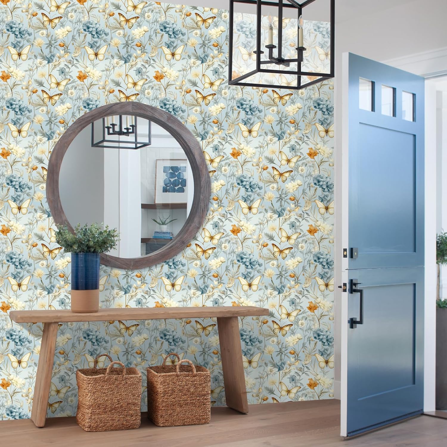 17.32" x 393.7" Floral Wallpaper Peel and Stick Boho Butterfly Colorful Flowers Vintage Contact Paper Self Adhesive Removable Waterproof Wall Paper for Bedroom Bathroom Shelve Cabinet Drawer