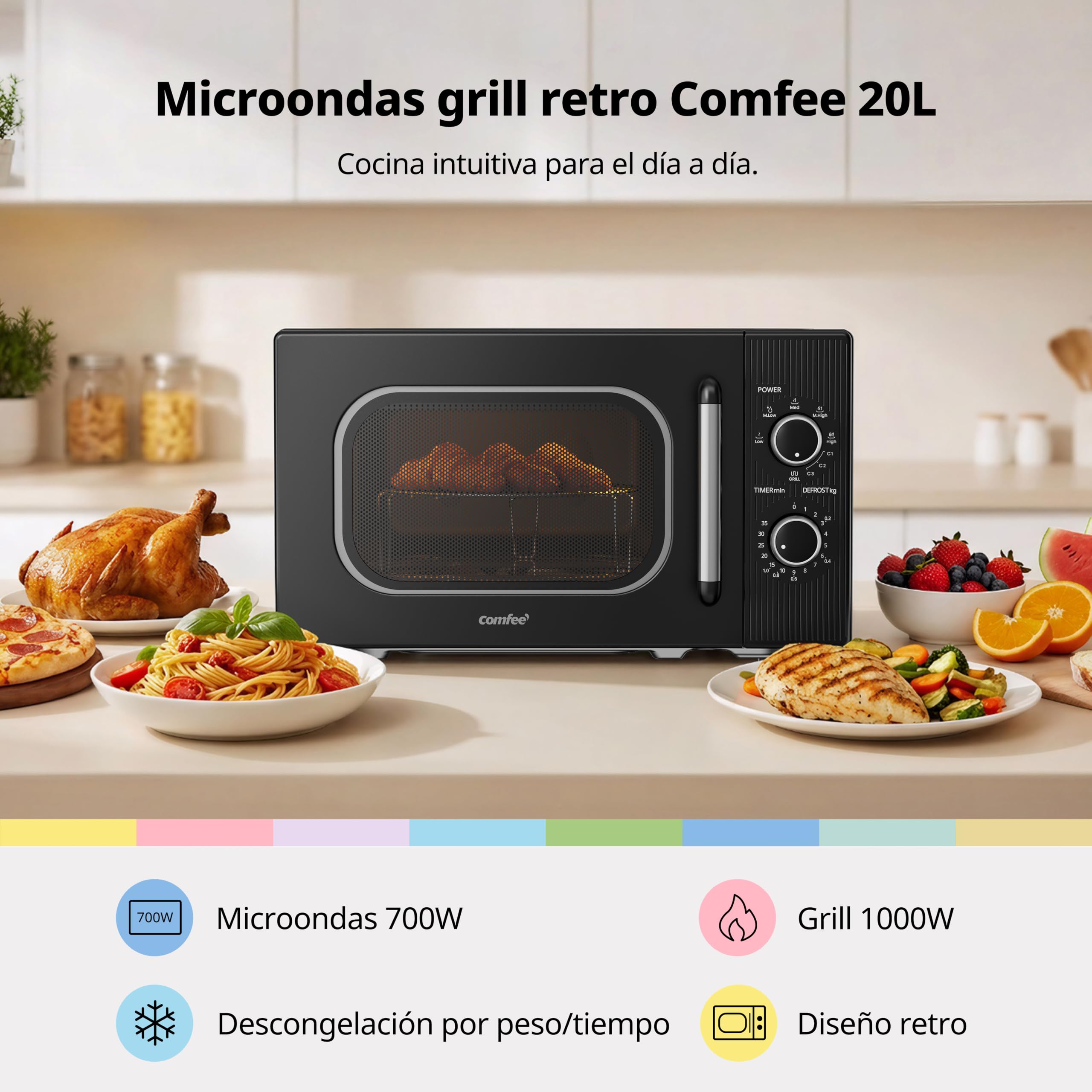 COMFEE' Microondas con Grill 20L 700W Grill 1000W | 5 niveles de potencia, temporizador 1-35 min, descongelación rápida, diseño compacto, color negro, modelo CMO-MG202NC(BK)
