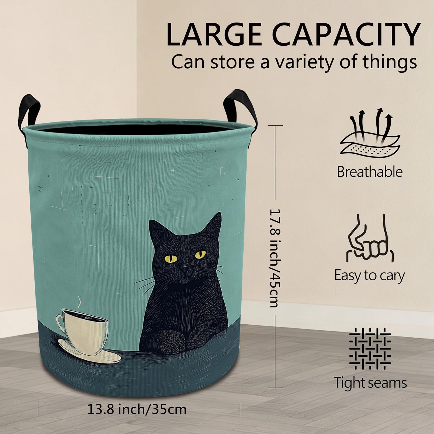 Black Cat and Coffee Laundry Basket with Handles, Cat Lover Gifts, Vintage Coffee Kitty Collapsible Waterproof Laundry Hamper Clothes Storage Basket for Living Room Bedroom Home image 2