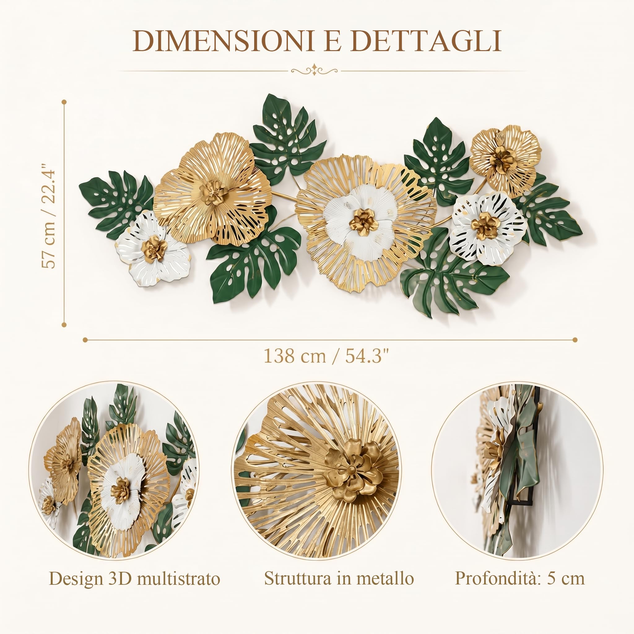 Generico Decorazione da Parete in Metallo,Tropicale,Verde e Oro,138x57 cm