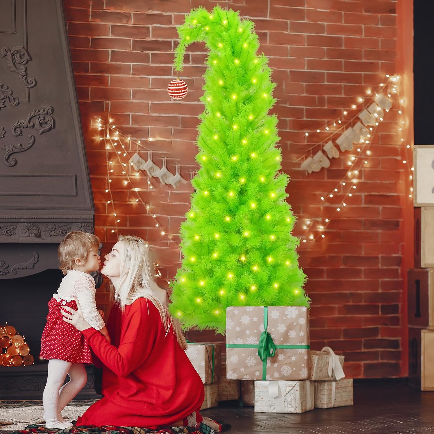 Pine Needle Grinchie​ Christmas Tree 6ft, Top Curved 6ft Upright 7ft Lime Green Xmas Tree with Tree Skirt, Easy Setup Whimsical Artificial Christmas Tree for Christmas Decorations 5 Piece Set