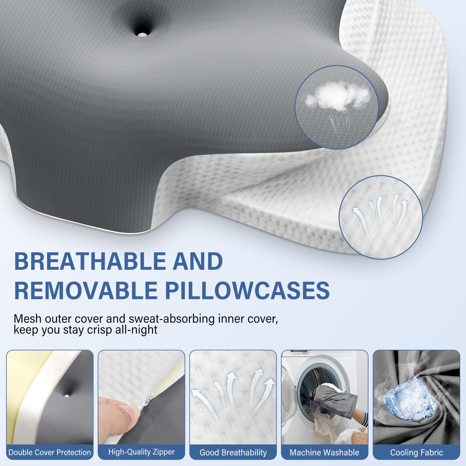 Ehomfory Oreiller Ergonomique Cervical 2 en 1 Oreiller Memoire Forme pour la Nuque, Coussin pour Dormir sur Le côté, Le Dos et Le Ventre, 65x37x10/12cm, Gris