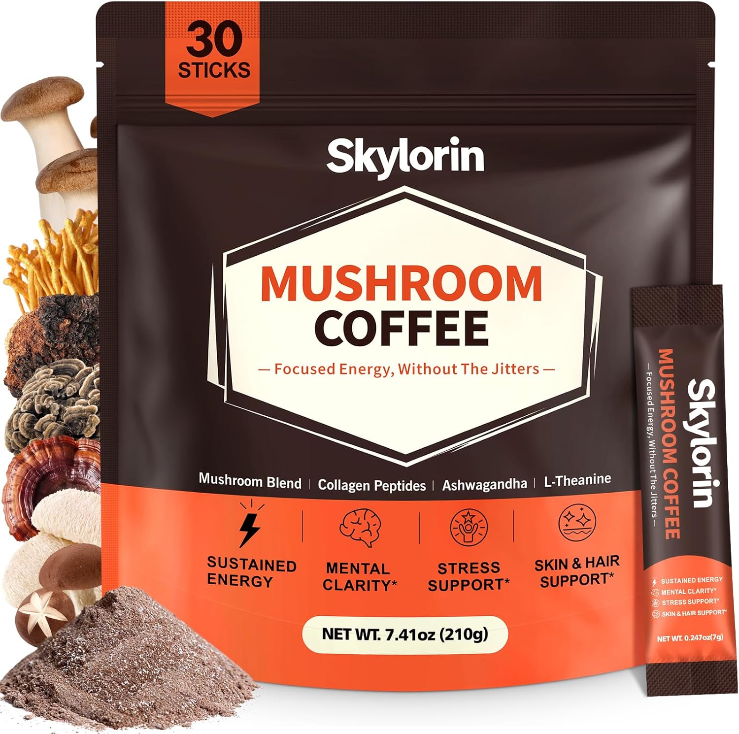 Skylorin 30 Sticks Instant Mushroom Coffee Powder - 3000mg Hydrolyzed Collagen & 7 Adaptogens Mushroom| Focus & Clarity, Immune & Skin Support, Ashwagandha & L-Theanine - Low Caffeine, No Jitters