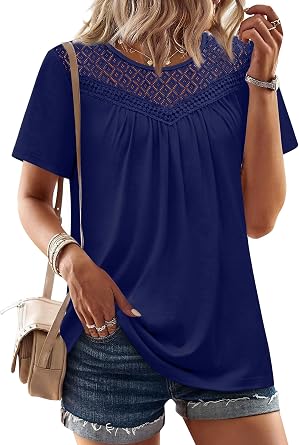 WIHOLL Womens Tops Short Sleeve Lace Shirts Summer Spring Tops Boho Trendy Beach Vacation Clothes Loose Fit