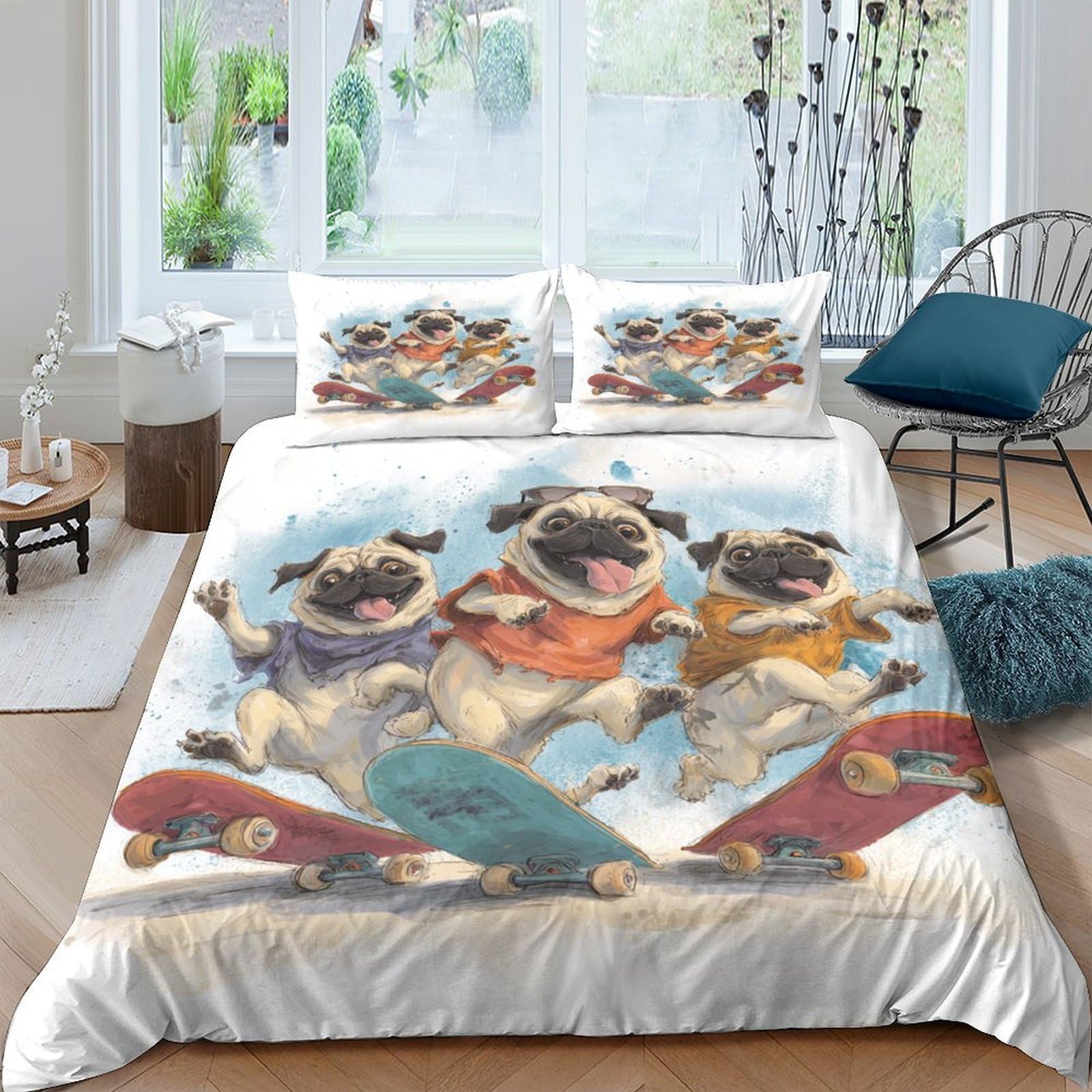 Ctjqhvkz Style-4 3D Printed Cartoon Pug Fitted Sheet Microfiber Soft Fun Animal Skateboard Bed Cover For Bedroom Dorm Mattress Decor Single（135X200cm）