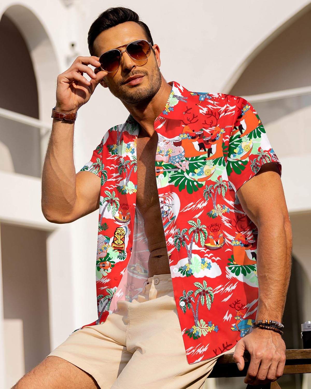 Christmas Hawaiian Shirt for Men Christmas in July Shirt Men Funny Santa Claus Graphic Summer Beach Button Down Tops