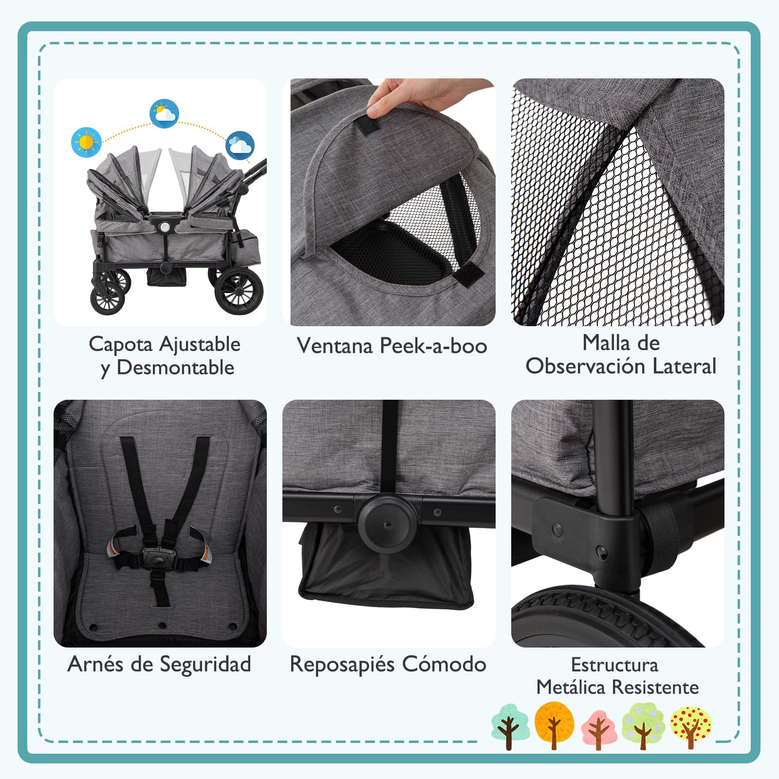 COSTWAY Carro Plegable para 2 Niños, Carga 25 kg, Cochecito Doble con Manillar Ajustable, Capota Extraíble, Portavasos, Bandeja de Comida y Arnés de 3 Puntos, Cochecito para Bebés de 6+ Meses (Gris)