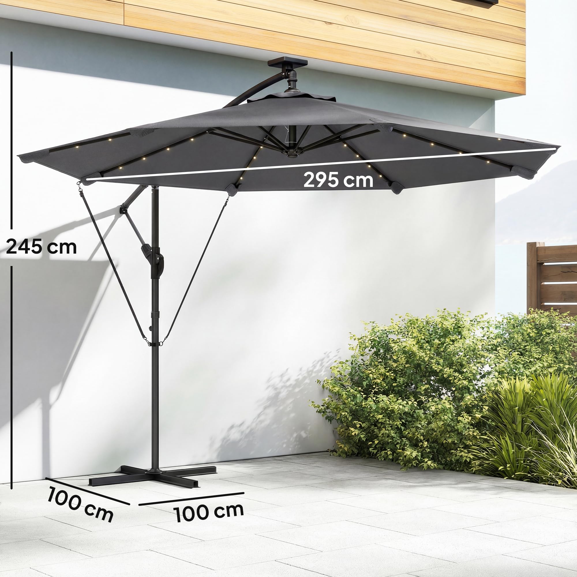Outsunny Parasol Excéntrico con Luces LED Solares Ø330 cm | Sombrilla de Jardín, Base Cruzada, Manivela, Funda Protectora, Cuerda de Viento, Anti-UV 50+, Terraza, Patio