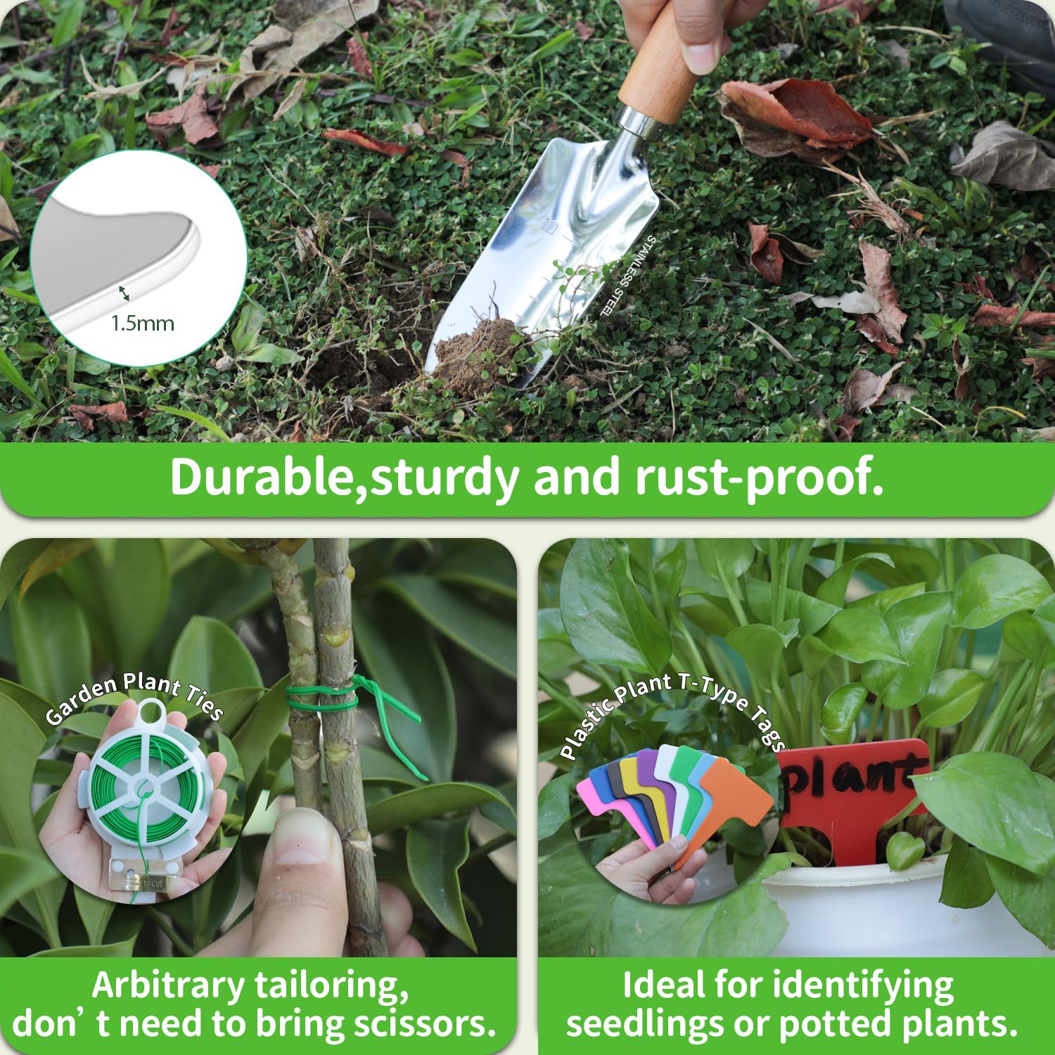 Juego de herramientas de jardín, kit de jardinería de 3 piezas con lazo giratorio para plantas de jardín y etiqueta de plástico para plantas, herramientas de jardín resistentes de acero