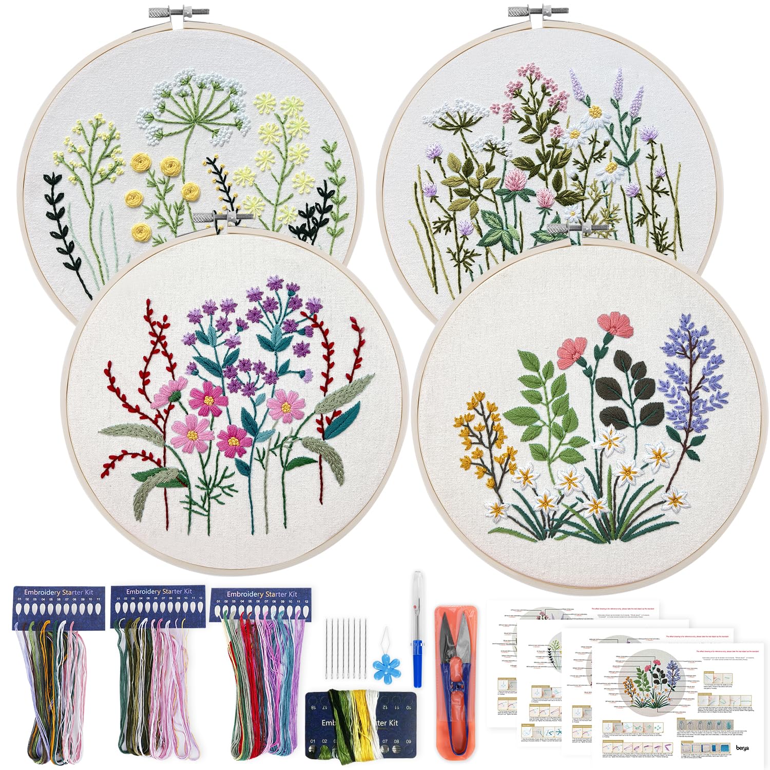 BERYA 4 Set Embroidery Starter Kit for Beginners, Needlepoint Cross Stitch Kits with Video Step by Step Instructions, Pre-Stamped Flower, Instructions, Embroidery Hoops, Color Threads, Tools