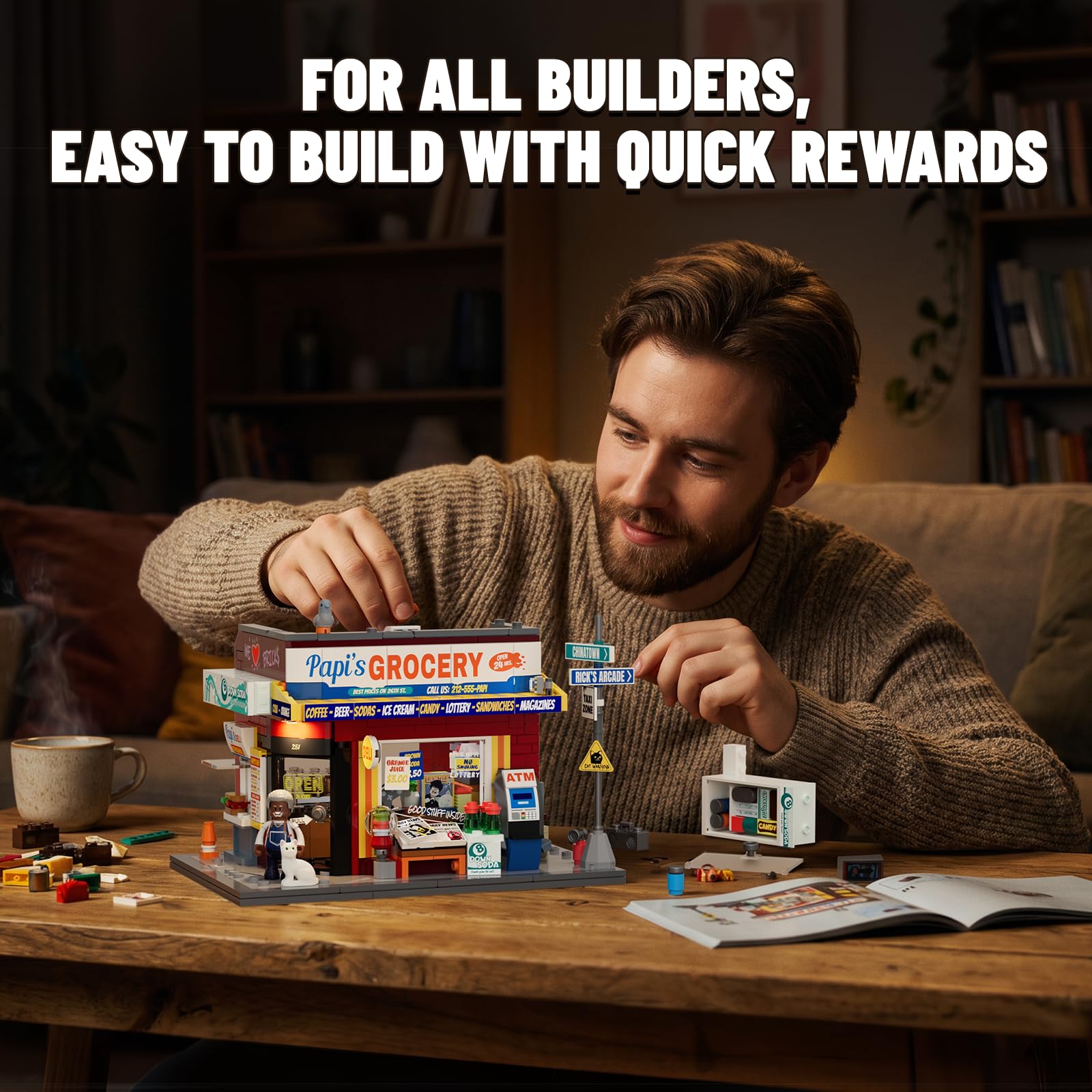 Lumibricks The Bodega zestaw do budowy z oświetleniem LED, 618 elementów, model kiosku nowojorskiego i sklepu spożywczego dla dorosłych, modułowy budynek na rogach ulic, model kolekcjonerski i prezent