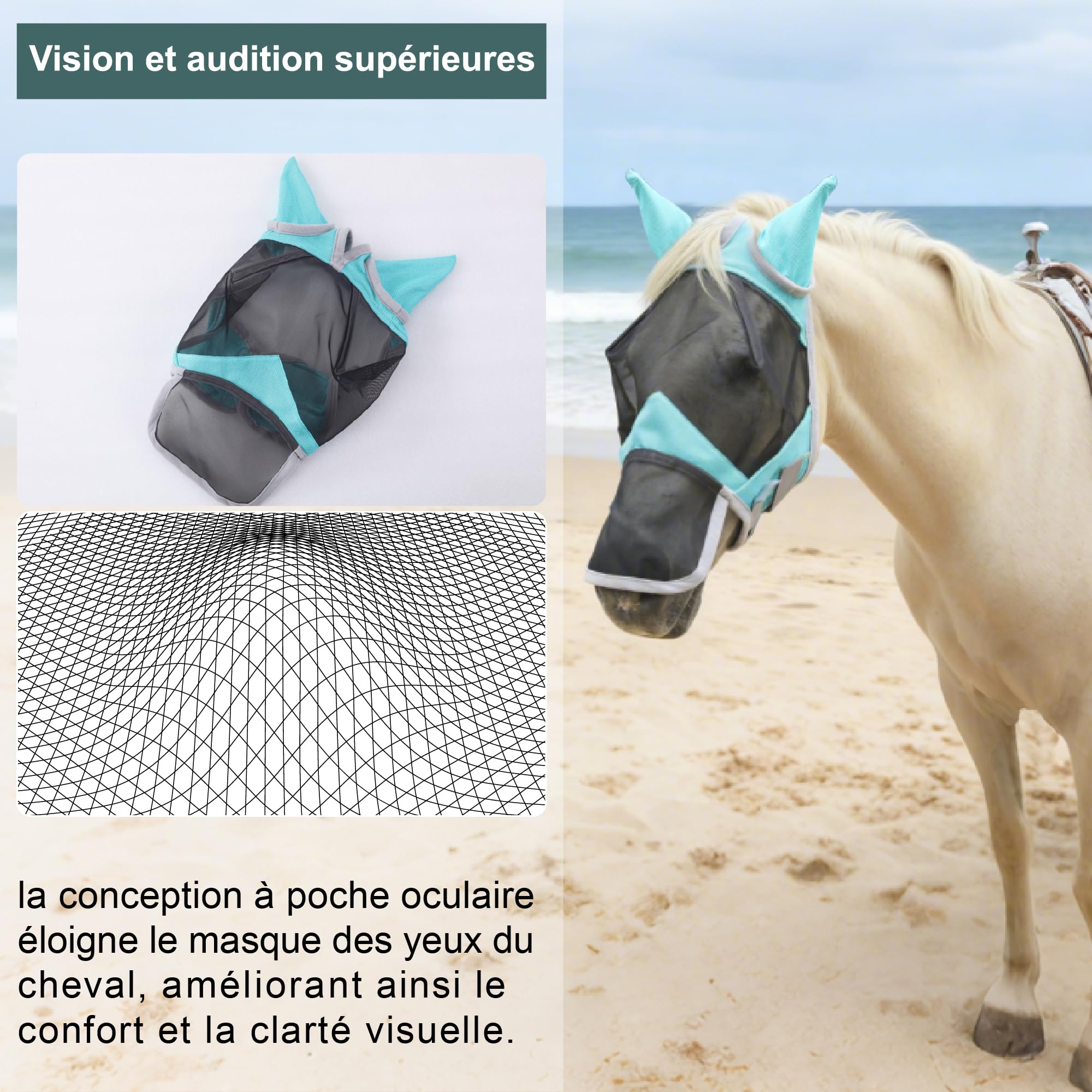 Masque Anti-Mouches pour Chevaux Protection Anti-UV Maille Respirante Turquoise Medium