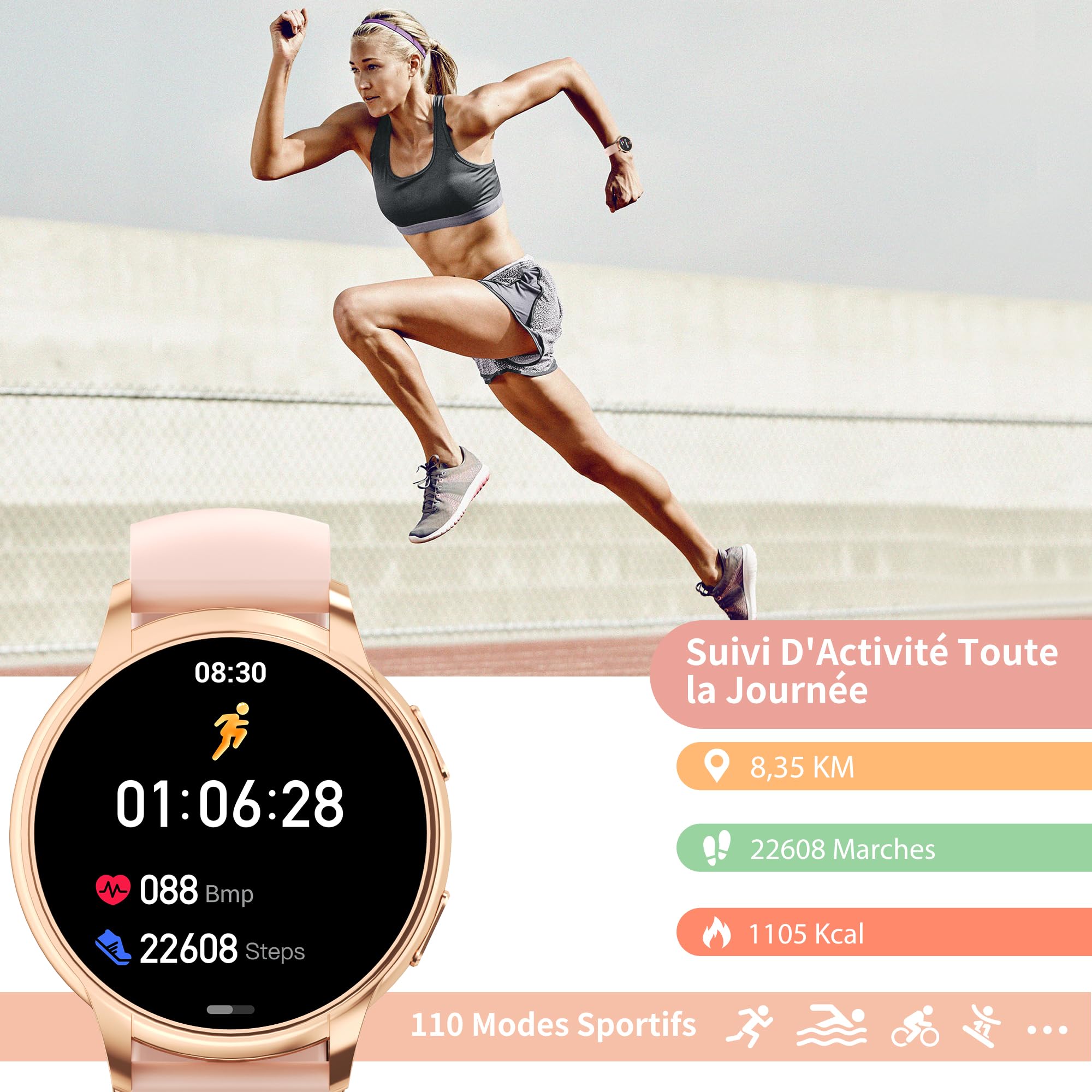 Montre Connectée Femme avec Appels/Notification, 1,52" HD IP68 Smartwatch, 110+ Modes Sportifs, Fréquence Cardiaque/SpO2/Sommeil Moniteur, Suivi Calories/Pas pour Android iOS Or Rose