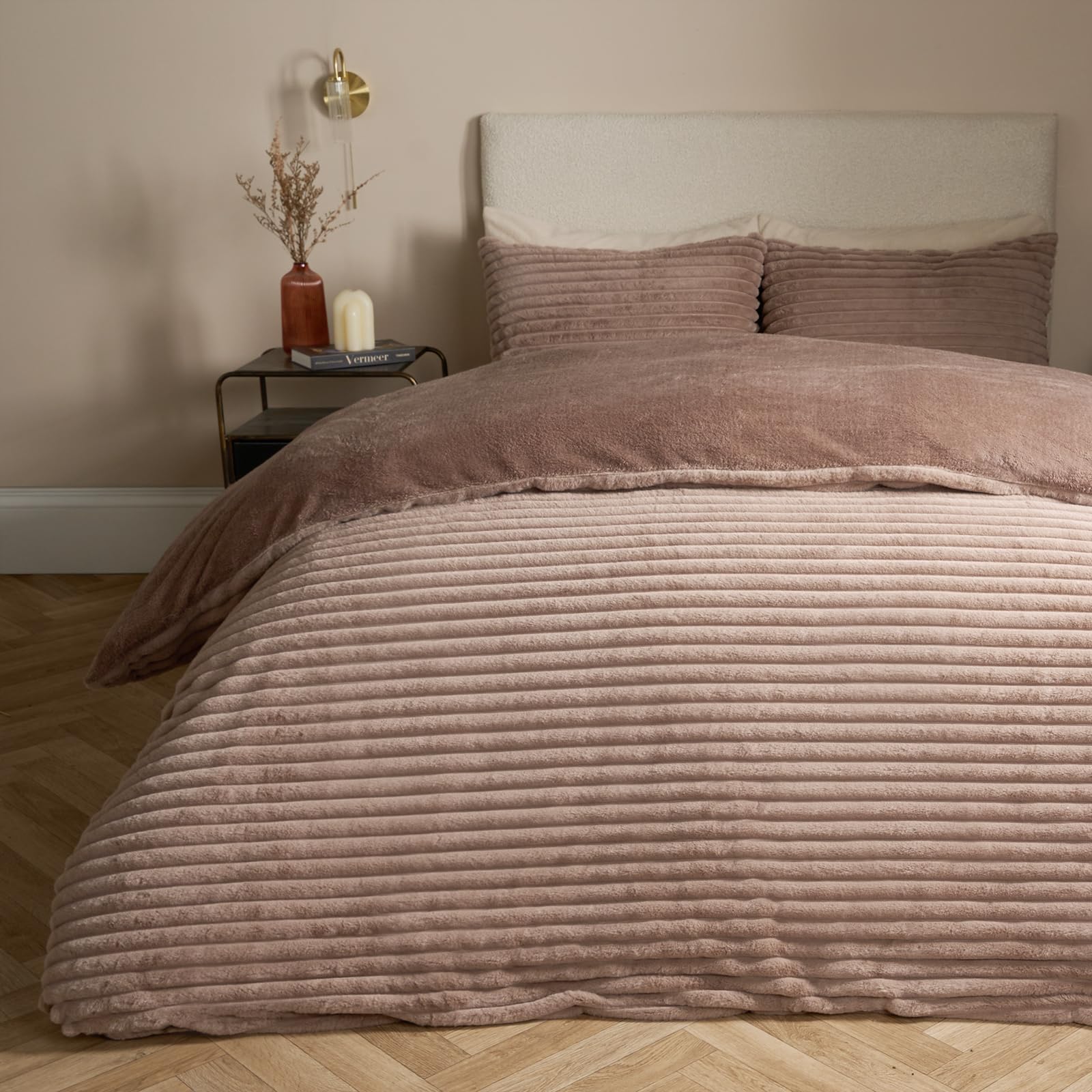 Ohs Mink Ribbed Fleece King Size Duvet, Teddy Fleece Bedding Ultra Soft Reverse Faux Fur Duvet King Size With Pillowcases Thermal Chunky Ribbed Bedding