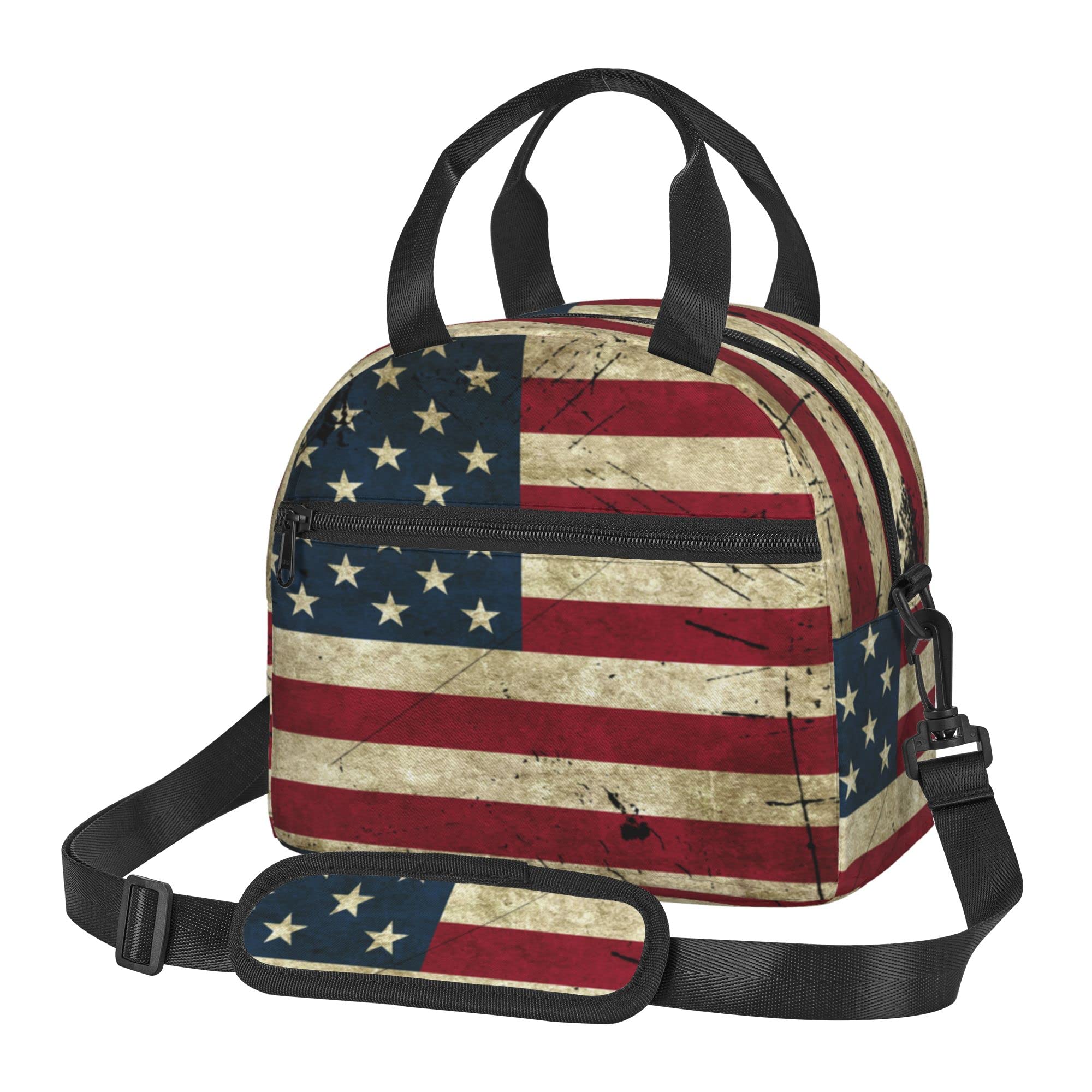 ARESD American Flag Lunch Bag for Women, Kids & Adults, Insulated Cooler Lunch Box with Shoulder Strap, Multicolor, Modern, Zipper Closure, 9x5x7.8 inches