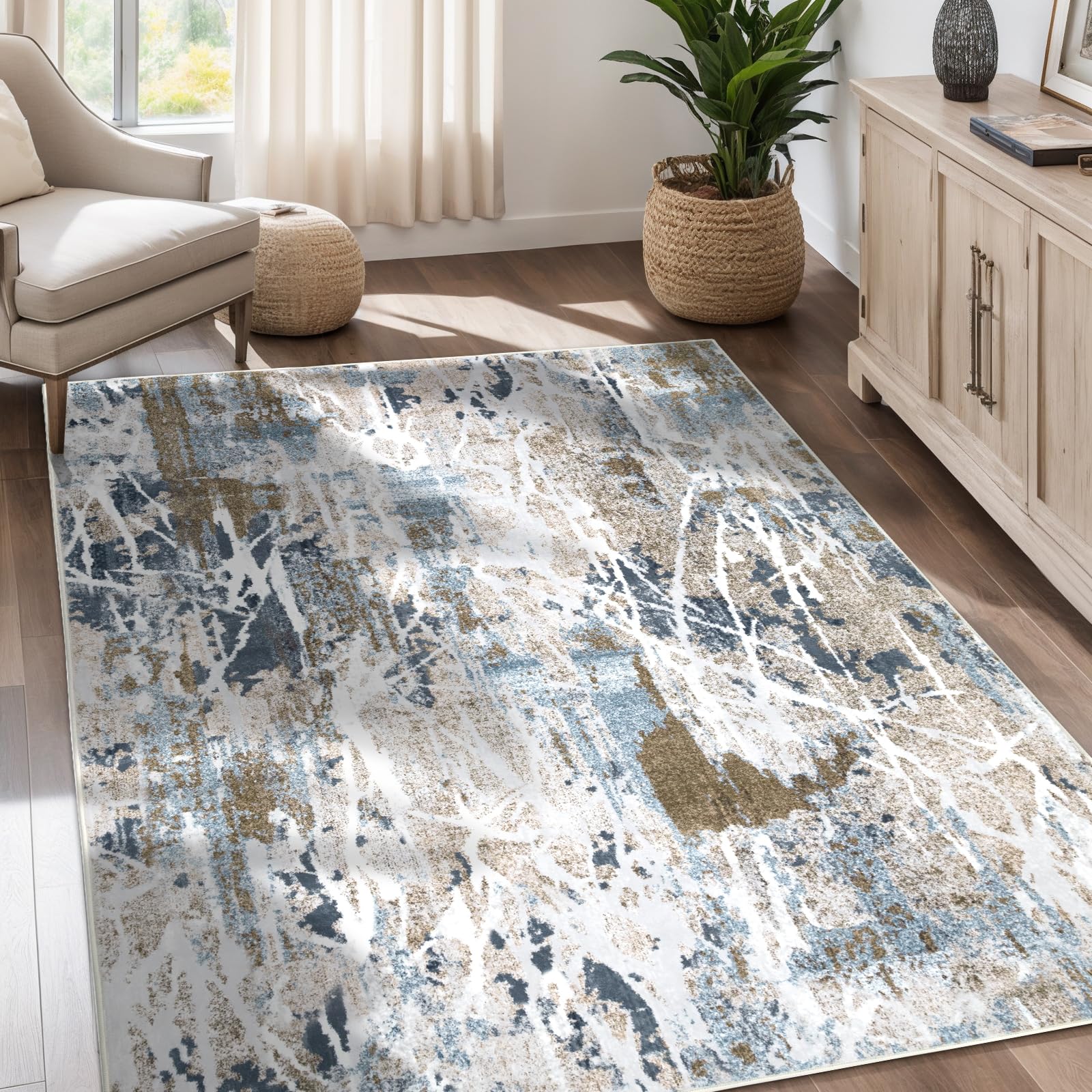 Dotiiorug Abstract Blue Area Rug 5x7 Washable Modern Rugs for Living Dining Room Bedroom Office, Non Slip Low Pile Stain Resistant Carpet