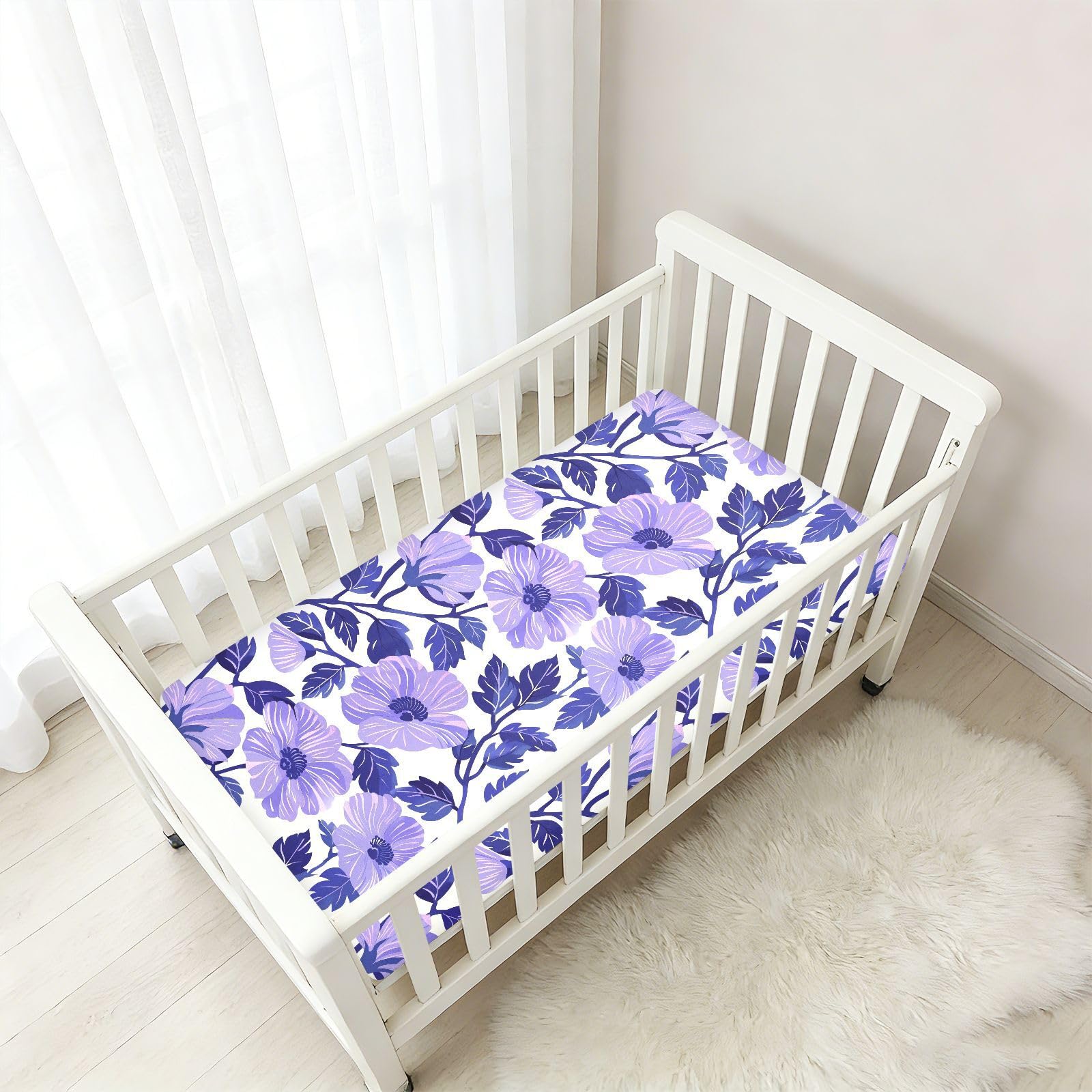 Sábanas de algodón para cuna de bebé, estilo chow chow chow, estampado floral, color morado, colchones para guardería, 1 paquete de forros para cunas de ni?o, 52 x 28 pulgadas