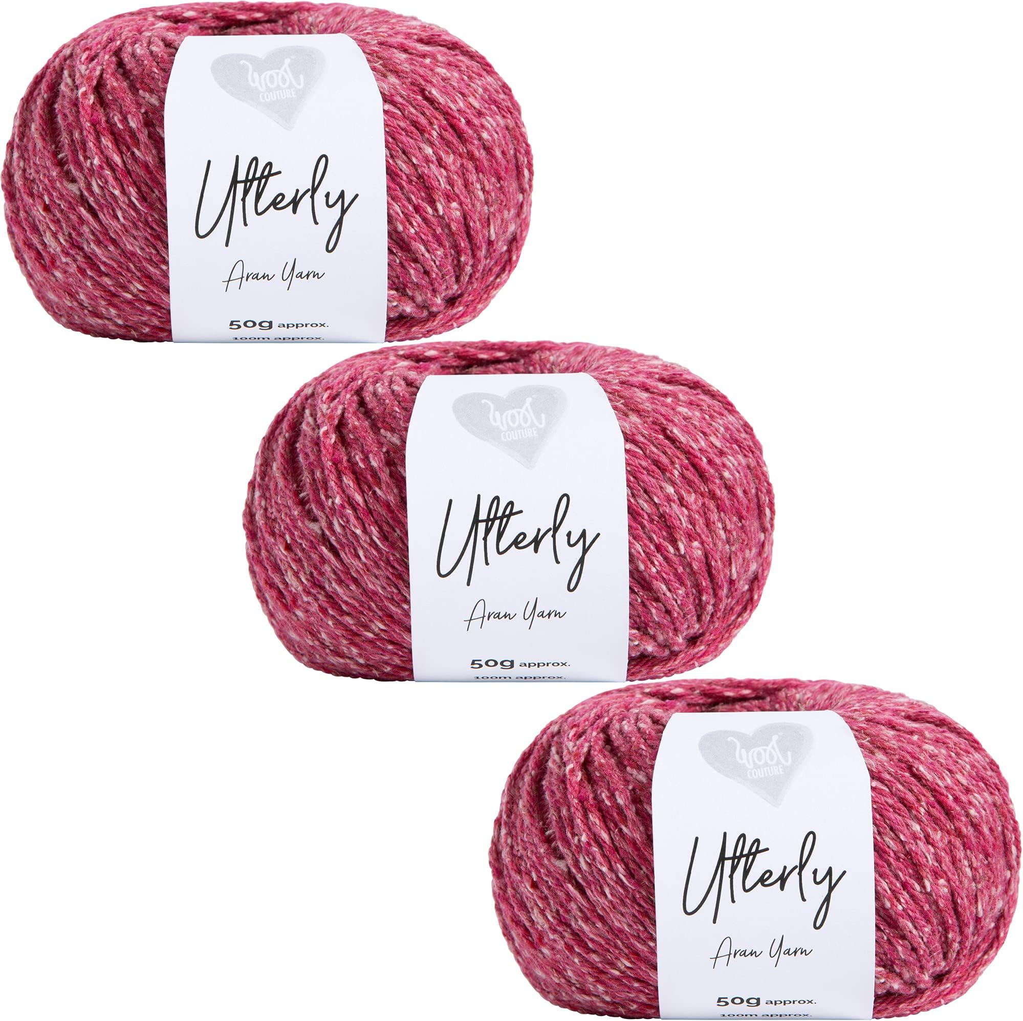 Wool Couture, Utterly Aran Yarn 50g Ball - Machine Washable Aran Weight Yarn - Rhubarb -3 Pack