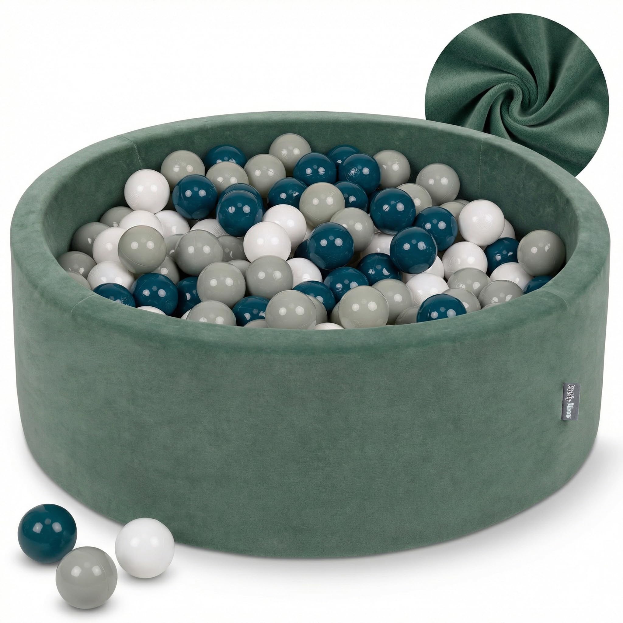 KiddyMoon Soft Ball Pit Round 90X30cm/200 Balls ∅ 7Cm / 2.75In For Kids, Foam Velvet Ball Pool Baby Playballs, Made In EU, Forest Green:Dark Turquoise/Green-Grey/White — image 1