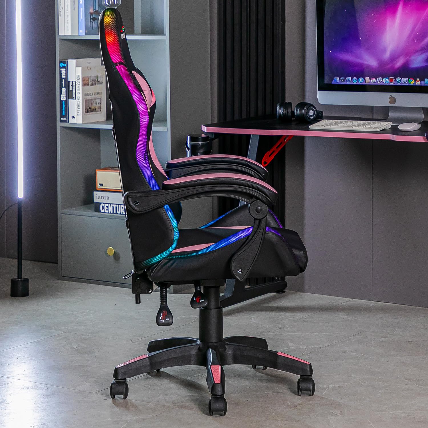 Amstrad AMS-900-LED-PINK Fauteuil/Chaise de Bureau Gamer Noir Rose - Eclairage LED 366 Effets - Télécommande