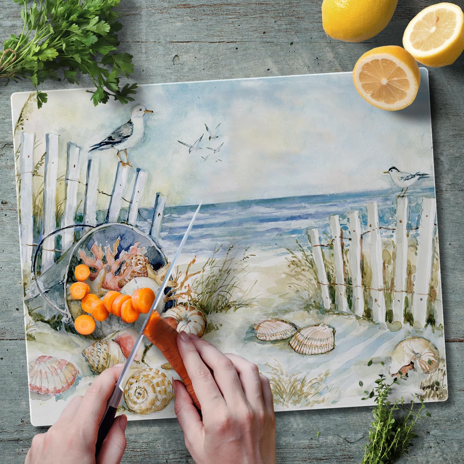 CounterArt Coastal Sanctuary 3mm Tempered Glass Cutting Board Serving Board Charcuterie Board 12" x 15"