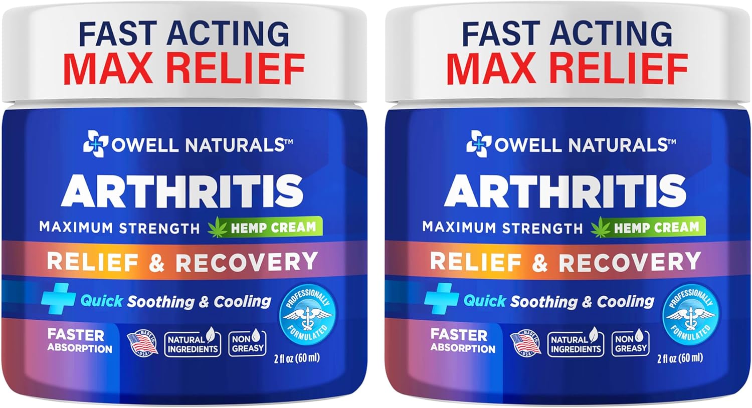 OWELL NATURALS Joint & Muscle Ream, Maximum Strength Relief & Recovery for Back, Neck, Feet with Aloe Vera, Vitamin B6 MSM, 2 Oz, (2 Pack)