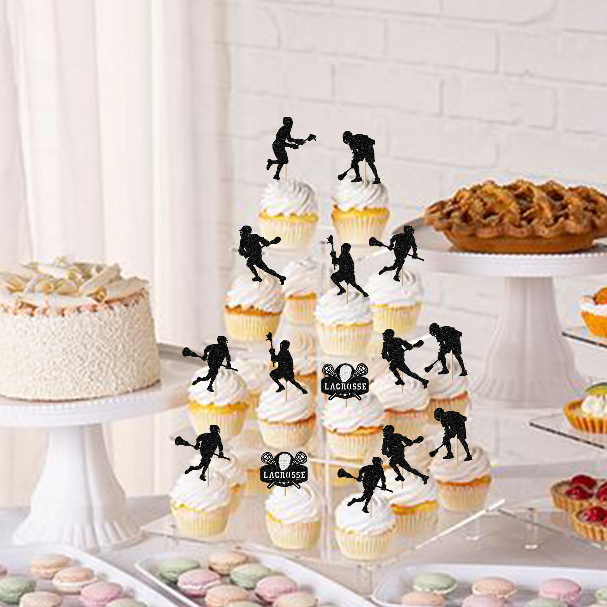 18pcs Black Glitter Lacrosse Player Cupcake Toppers - Sport Theme Birthday Party Decor For Men & Women