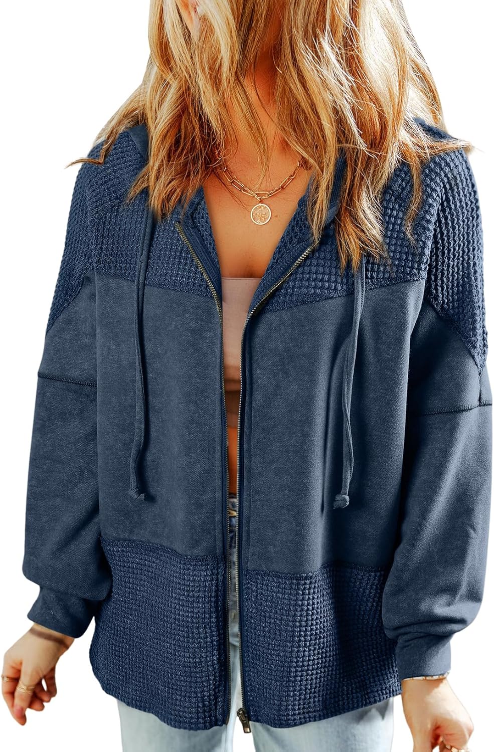 Dokotoo Waffle Knit Hoodies for Womens Zip Up Jackets 2025 Drawstring Fall Casual Jackets