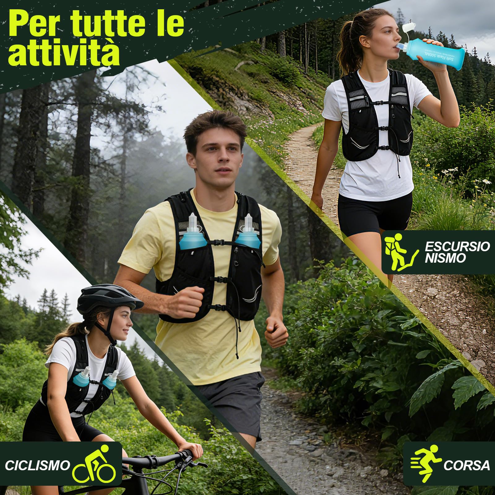 Charmofun Zaino Trail Running, Gilet Running Uomo e Donna, Zainetto Running Leggero con Borraccia Morbida 2 Pezzi 500ml, Zaino Idratazione per Corsa, Ciclismo, Maratona, Alpinismo