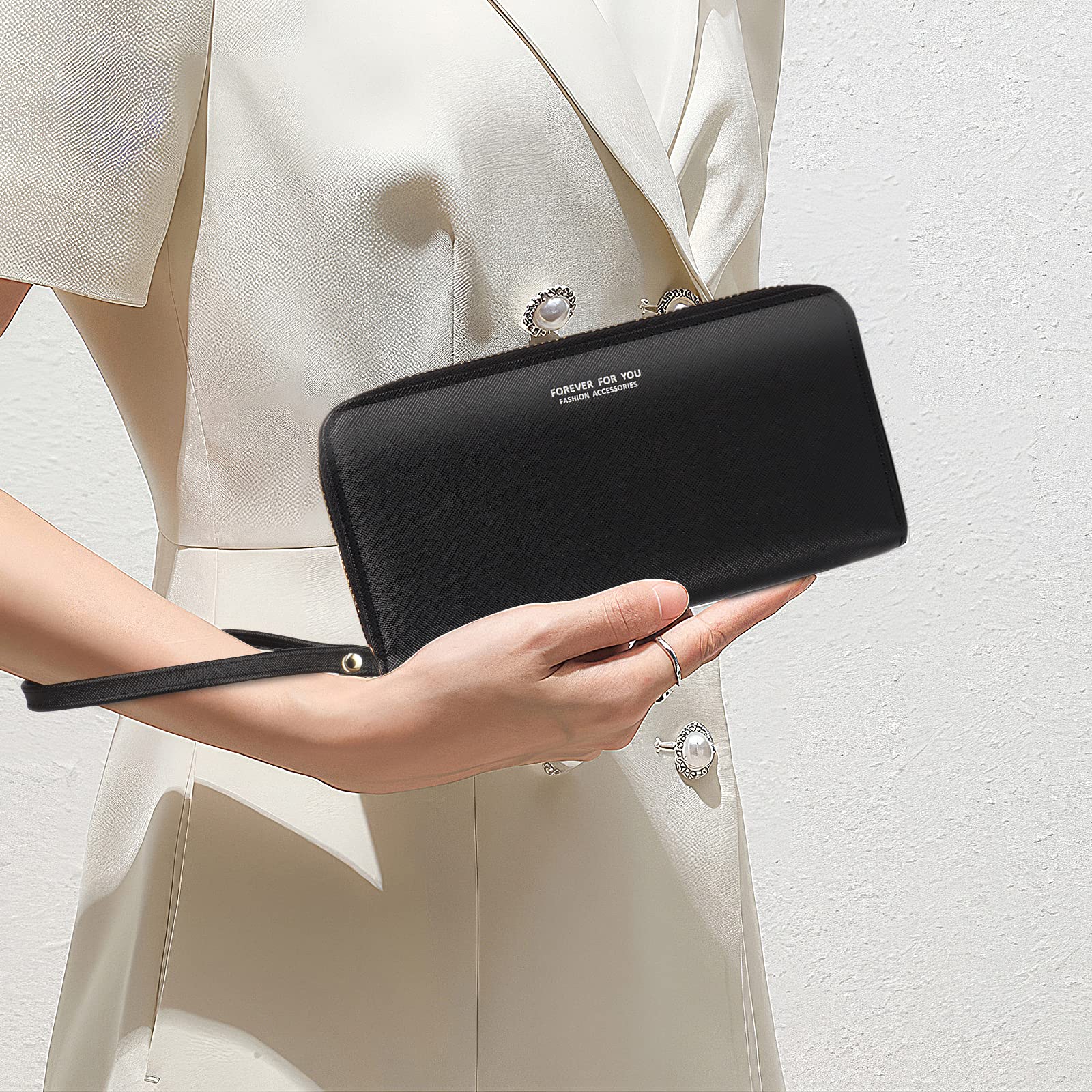 Katech Portafoglio Donna, Grande Capacità Portamonete in Pelle PU con Doppia Cerniera e Cinturino da Polso Staccabile, Portamonete Donna per Donna Ragazza Signore (Rosa)