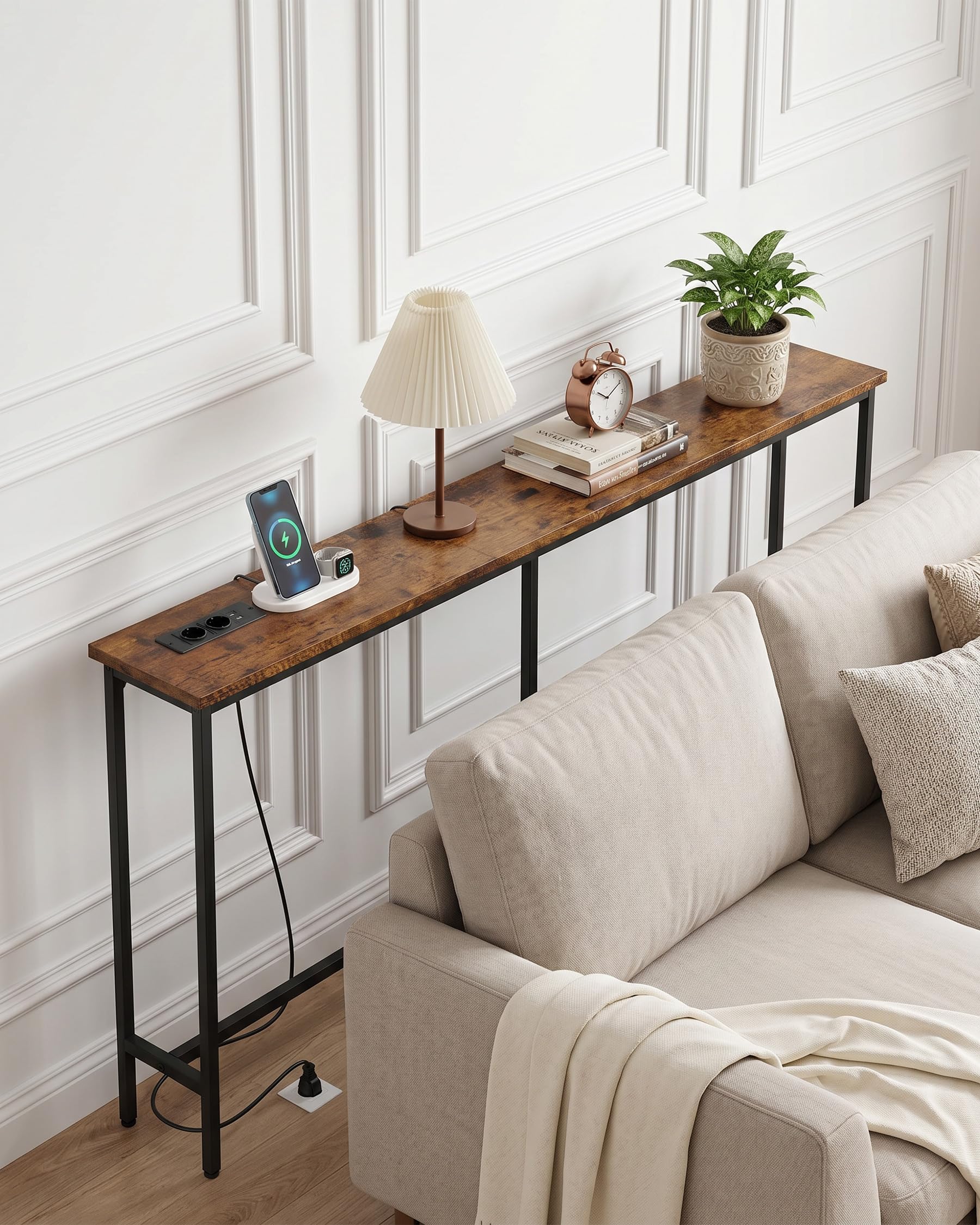 Consola Recibidor Madera 20 cm Fondo, Recibidores de Entrada, Mueble Recibidor Entrada, Mesa Alta de Estilo Industrial con 2 enchufes y 2 interfaces USB