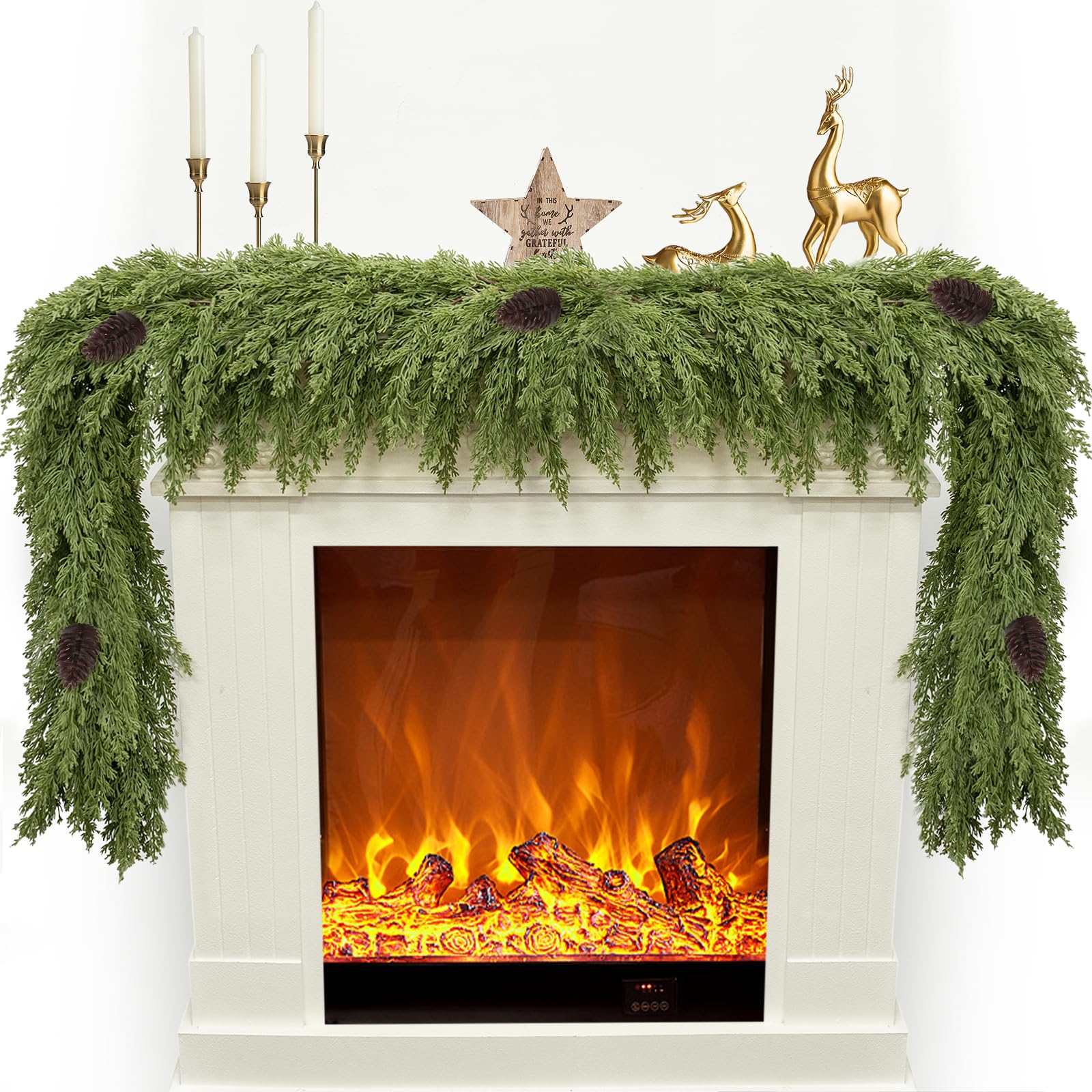 6FT Artificial Cedar Christmas Garland for Mantle Christmas Decorations Real Touch Realistic Greenery Faux Pine Garlands for Xmas Home Decoration Fake Winter Indoor Outdoor Garland Door Decor