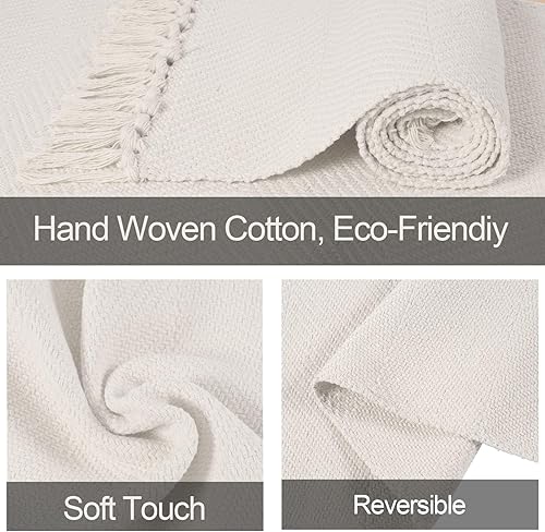 Miniatura 2 de Alfombra de pasillo de cocina de granja, 2 x 5 pies, color blancobeige, lavable, alfombra de algodón tejida para entrada delantera, tapete de cocina