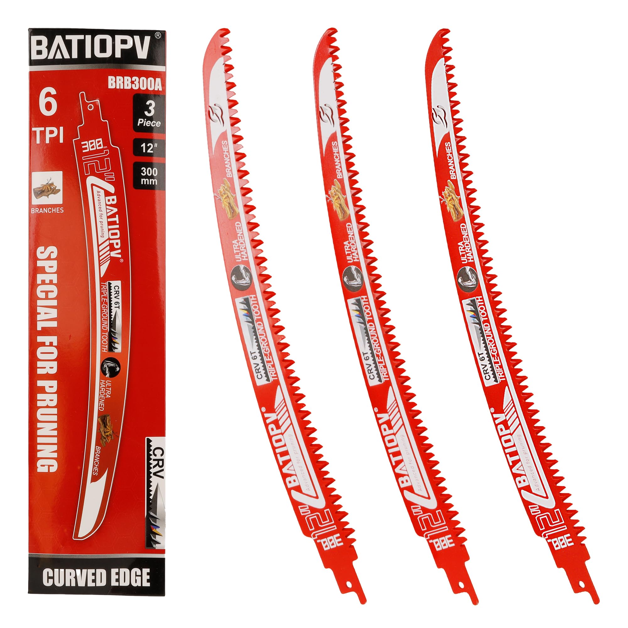 BATIOPV Reciprocating Saw Blades 3 Piece Set 300 mm – 6 TPI Japanese Tooth, Curved Pruning Blades for Wood, Firewood & Tree Cutting – 1/2" Universal Fit