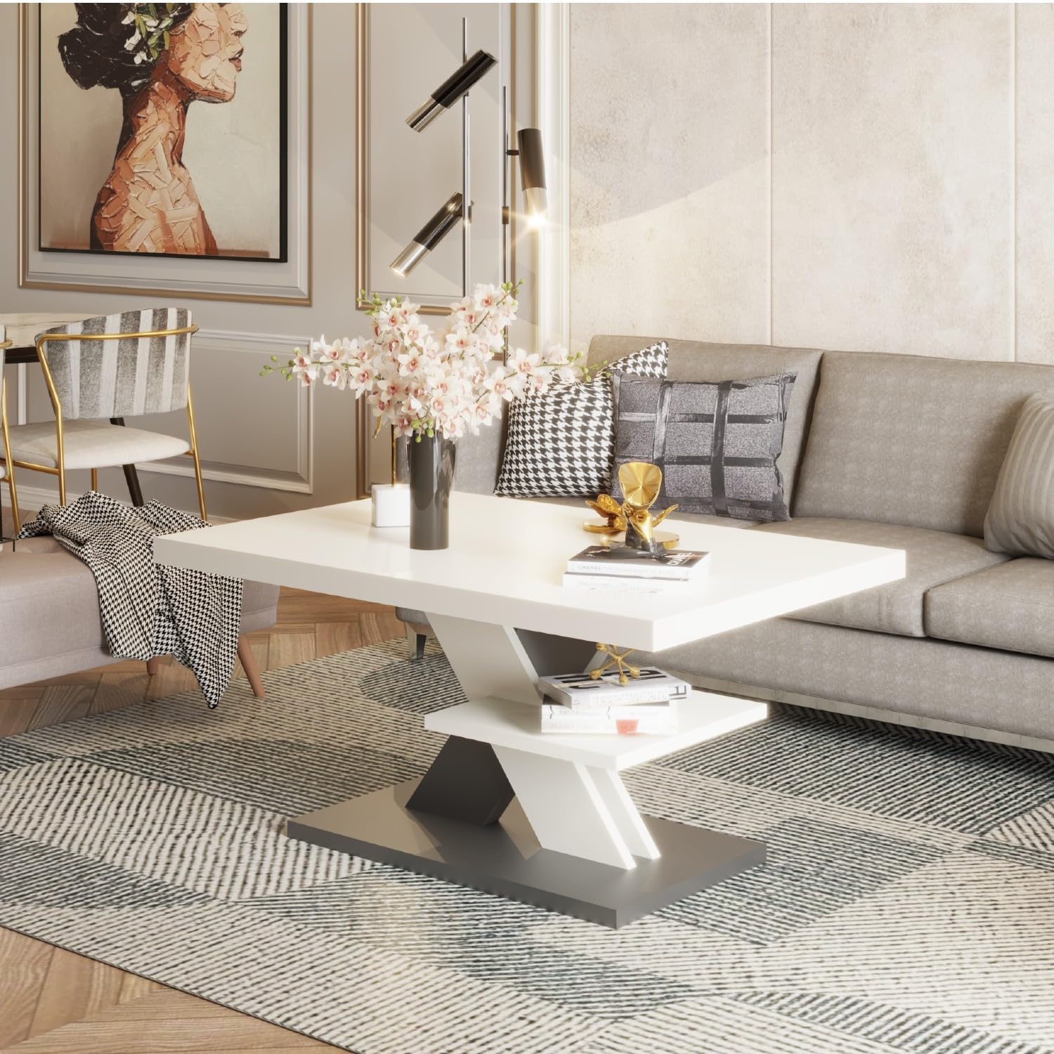 Viosimc Tavolino da Salotto Moderno Bianco e Grigio con Ripiano Tavolo Soggiorno Elegante, Complemento Arredo Contemporaneo 90x60x45 cm