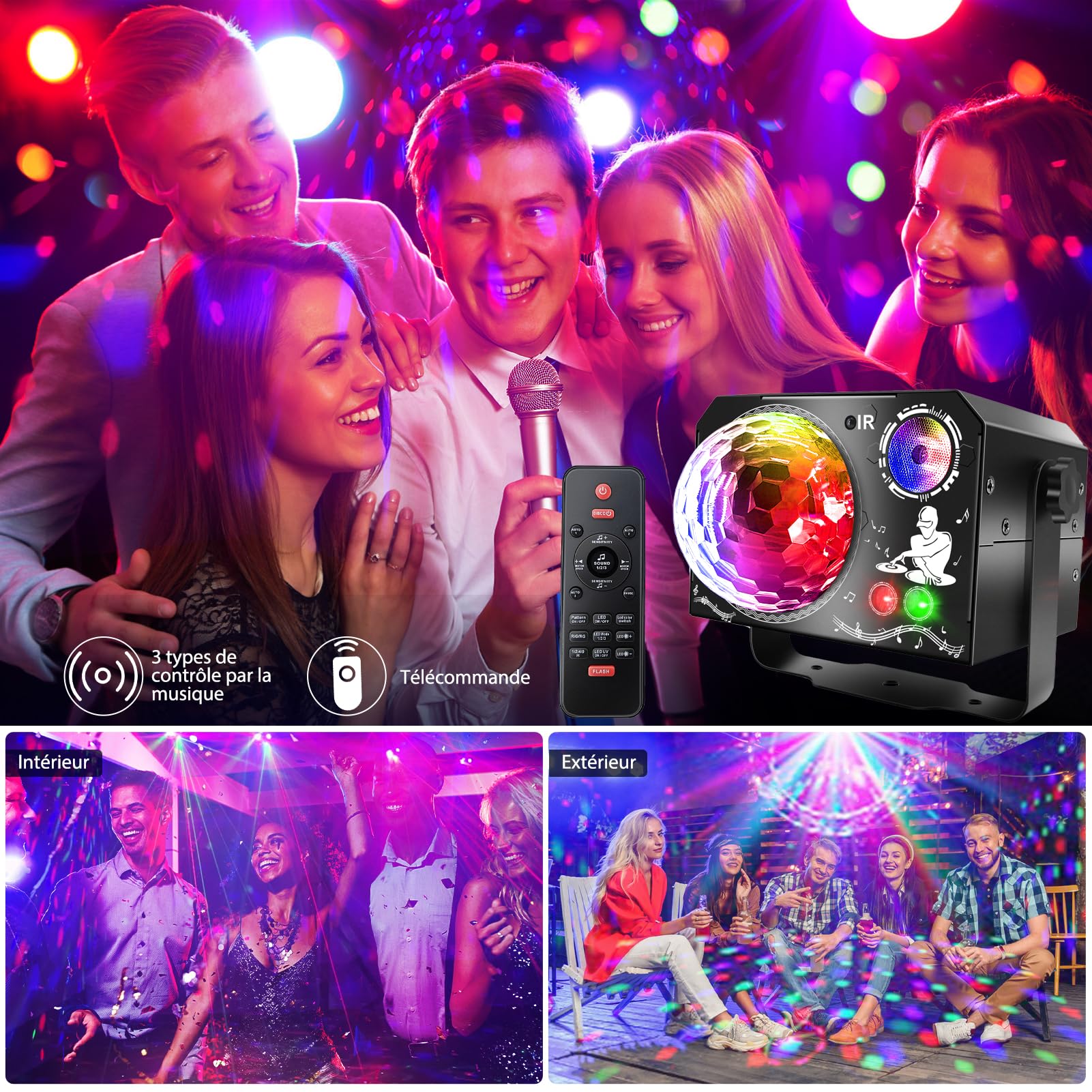 Lampe de Scène 4 en 1, Fwiull Lumière Disco avec Télécommande et Stroboscope, 65 Effets Lumineux RGB UV, USB Lumineux Boule Disco Musique Commande Vocale, Idéal Lumiere pour Soirée, Fête, Karaoké,Noël