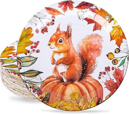 Whaline 40 platos de papel de otoño de Acción de Gracias, platos desechables de 9 pulgadas, platos desechables de calabaza naranja, ardilla, cosecha