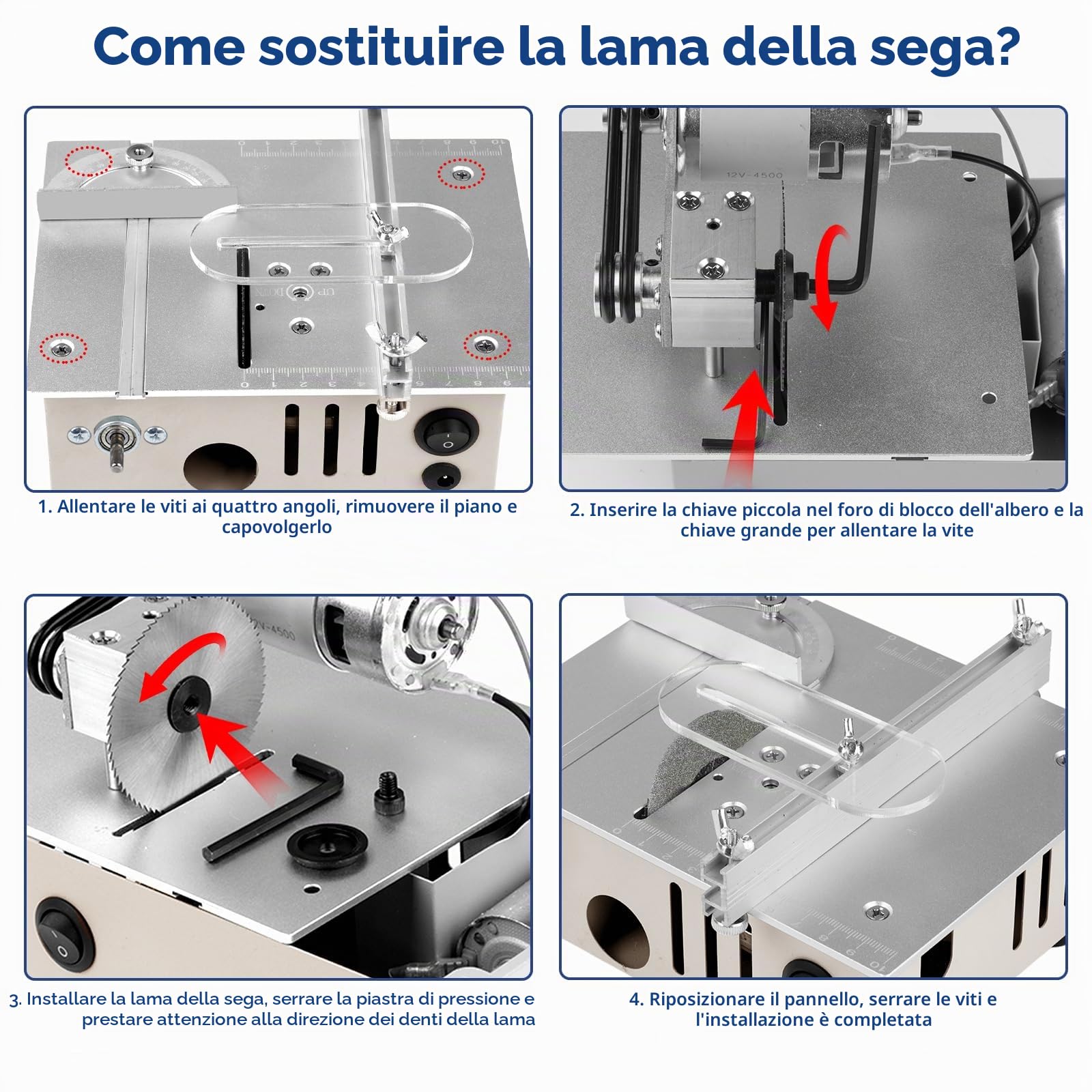 Mini sega circolare da tavolo con 4 lame, alimentazione a 7 velocità 96W Sega circolare di precisione portatile, lama da 0-15 mm Altezza regolabile per bricolage, legno, modellismo