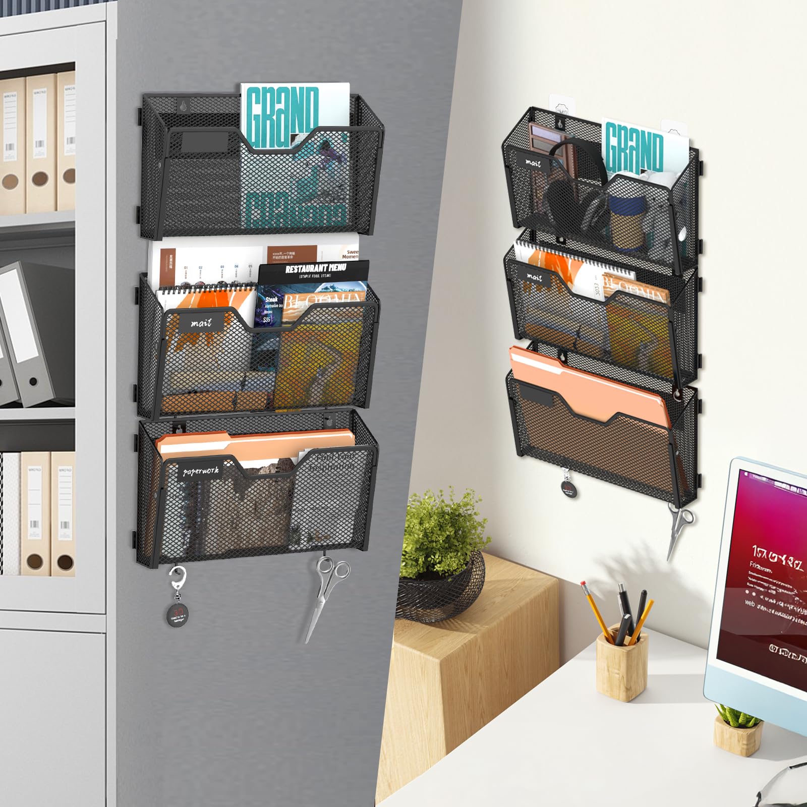 SUPEASY Porta documenti magnetico, confezione da 6 cartelle portadocumenti, senza fori, porta documenti e raccoglitori per casa/ufficio (con pannello per etichette, 14 ganci adesivi da parete)