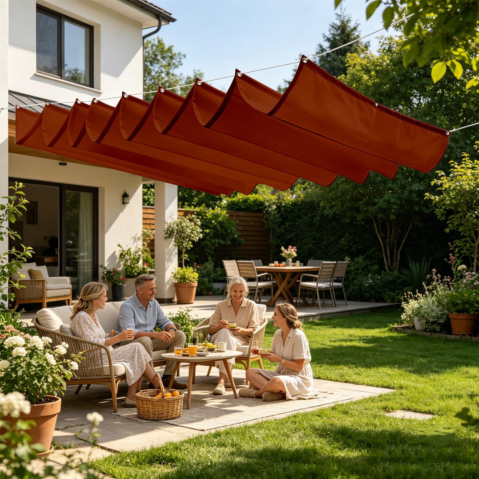 Toldo Retráctil de Onda 100 x 1500 cm con Ojales y Cuerda, Vela Sombra Impermeable y Rectangular con Bloqueo UV y Resistencia a Desgarros para Terraza Jardín Balcón Pérgola, Rojo óXido